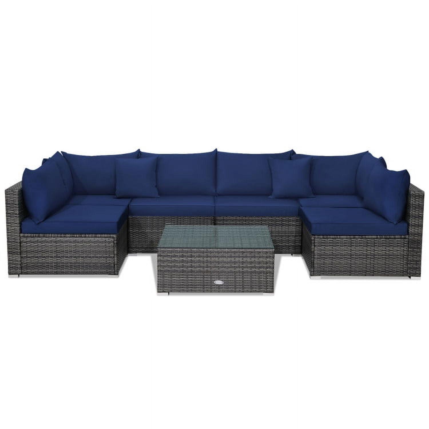 Costway 7PCS Patio Rattan Furniture Set Sectional Sofa Cushioned Garden Navy