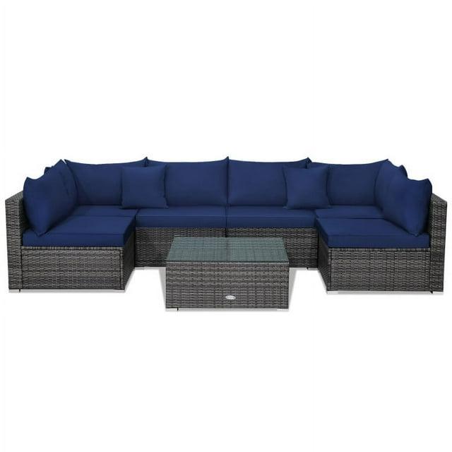 Costway 7PCS Patio Rattan Furniture Set Sectional Sofa Cushioned Garden Navy