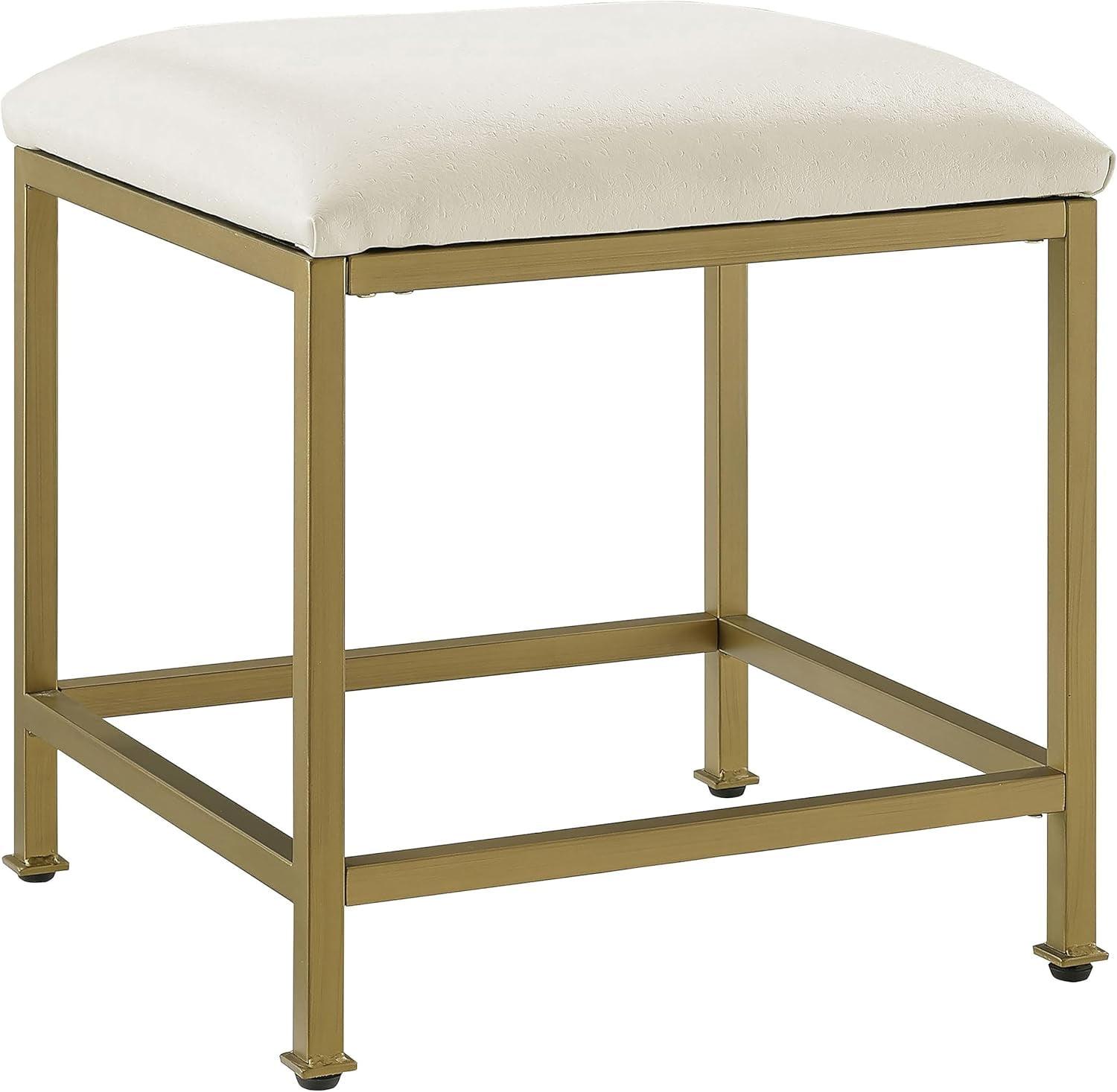 White and Gold Modern Vanity Stool with Plush Seat