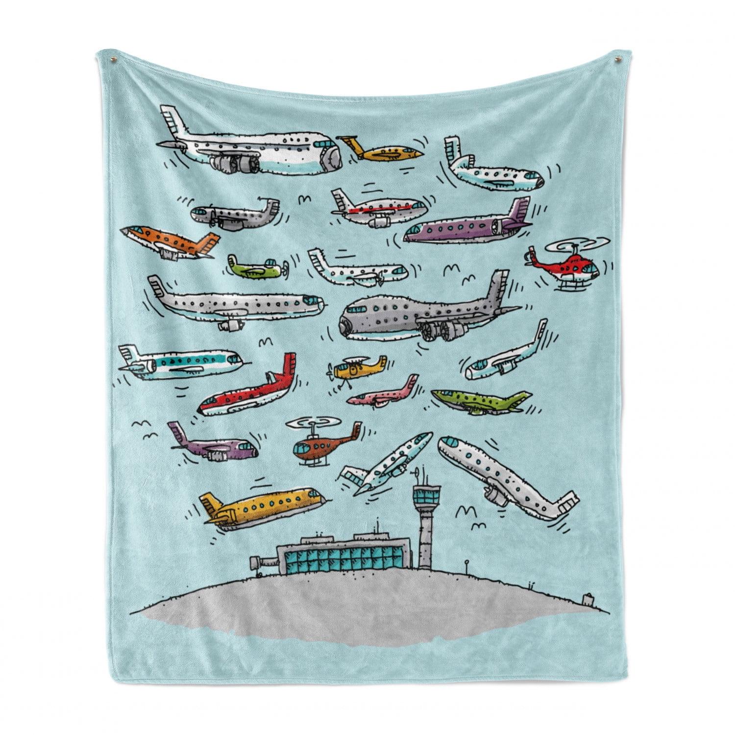 Multicolor Aviation Fleece Throw Blanket with Airplanes and Helicopters