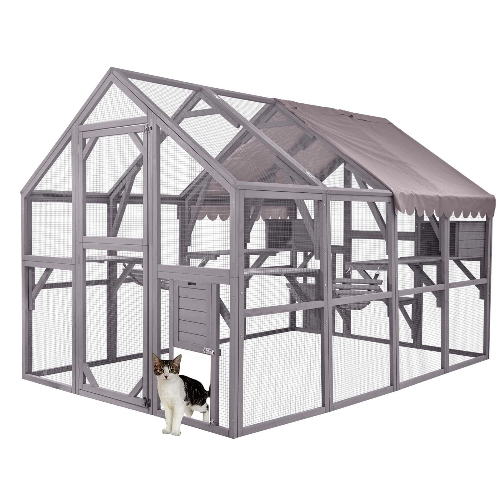 Aivituvin 110'' Extra Large Cat House Outdoor Walk-in Cat Enclosure Wooden Catio Cage with Bridges, Platforms, Rest Rooms, Roof Cover