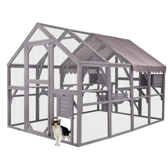 Aivituvin 110'' Extra Large Cat House Outdoor Walk-in Cat Enclosure Wooden Catio Cage with Bridges, Platforms, Rest Rooms, Roof Cover