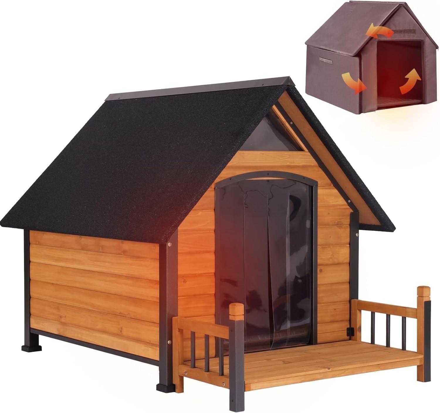 Large Brown Insulated Wood Dog House with Metal Frame