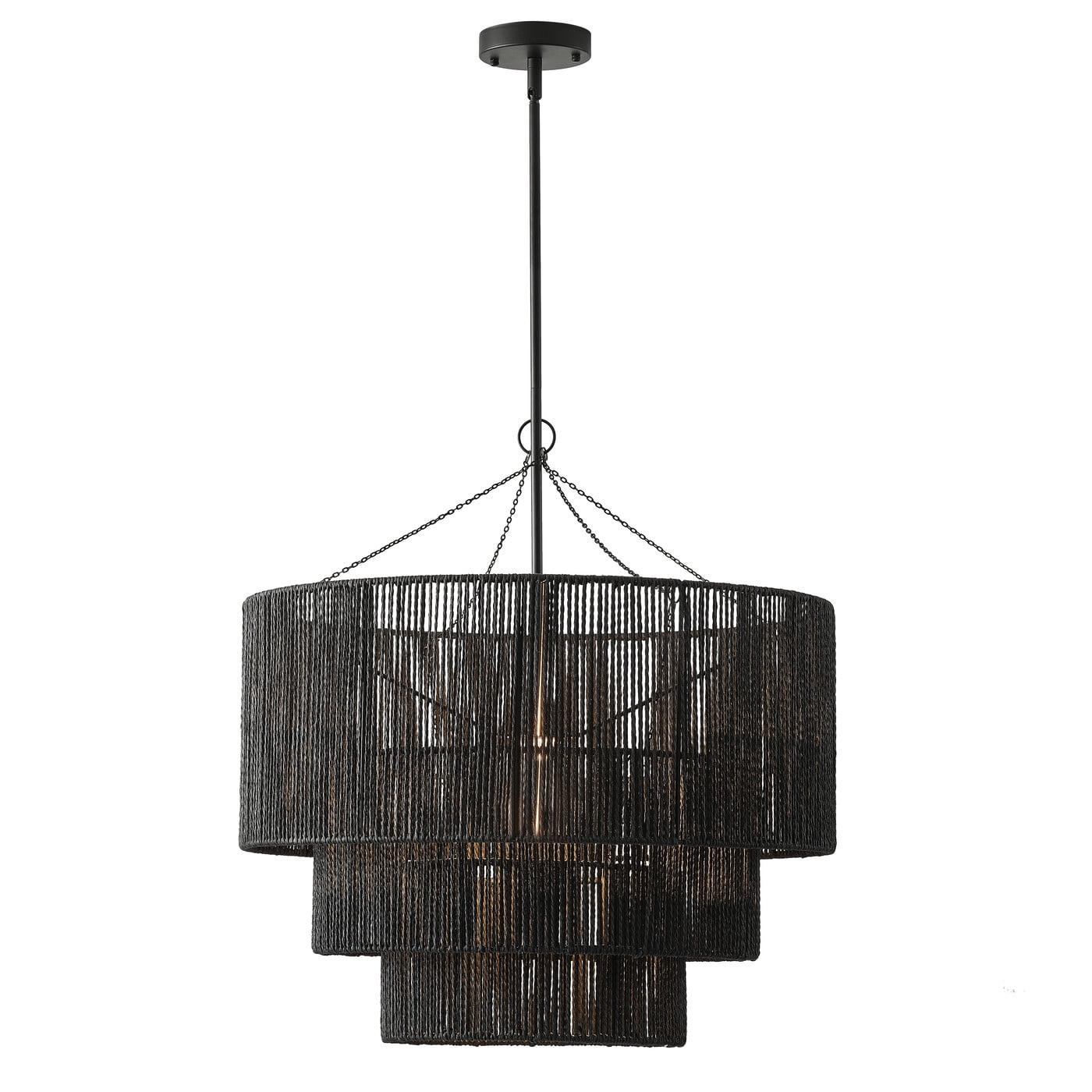 Black Tiered Metal and Rattan Pendant Light