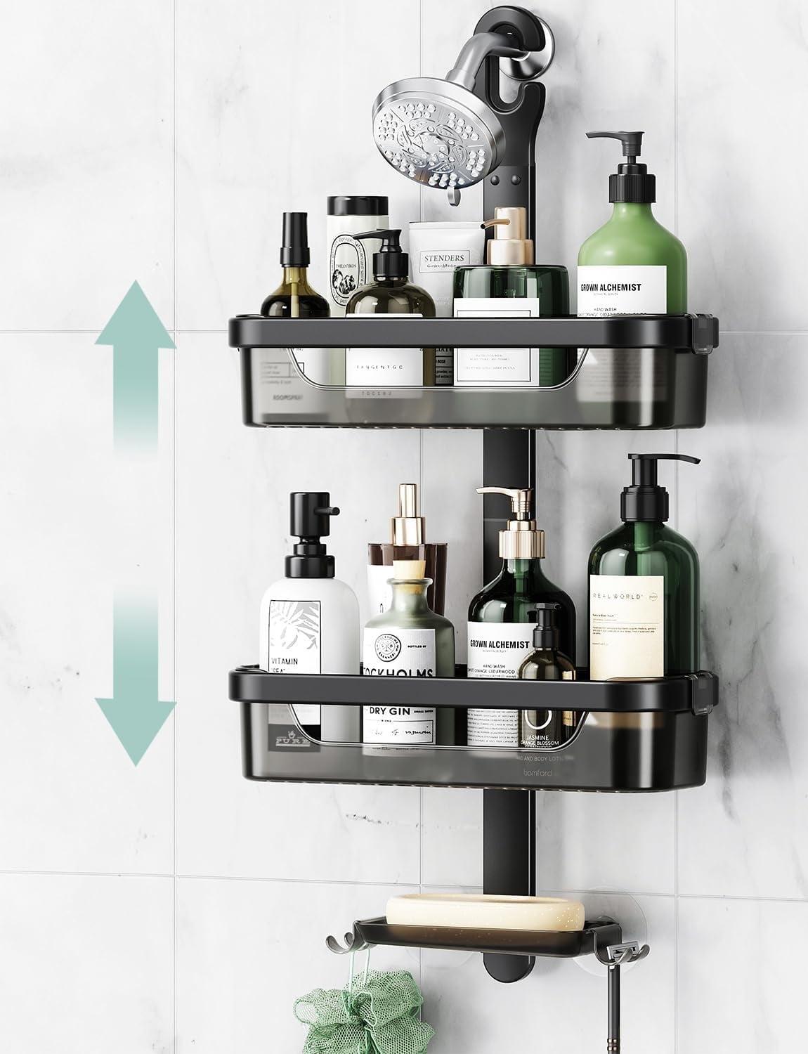 LAMU Over-the-Shower Head Organizer, 3-Shelf Aluminum Shower Caddy, Black