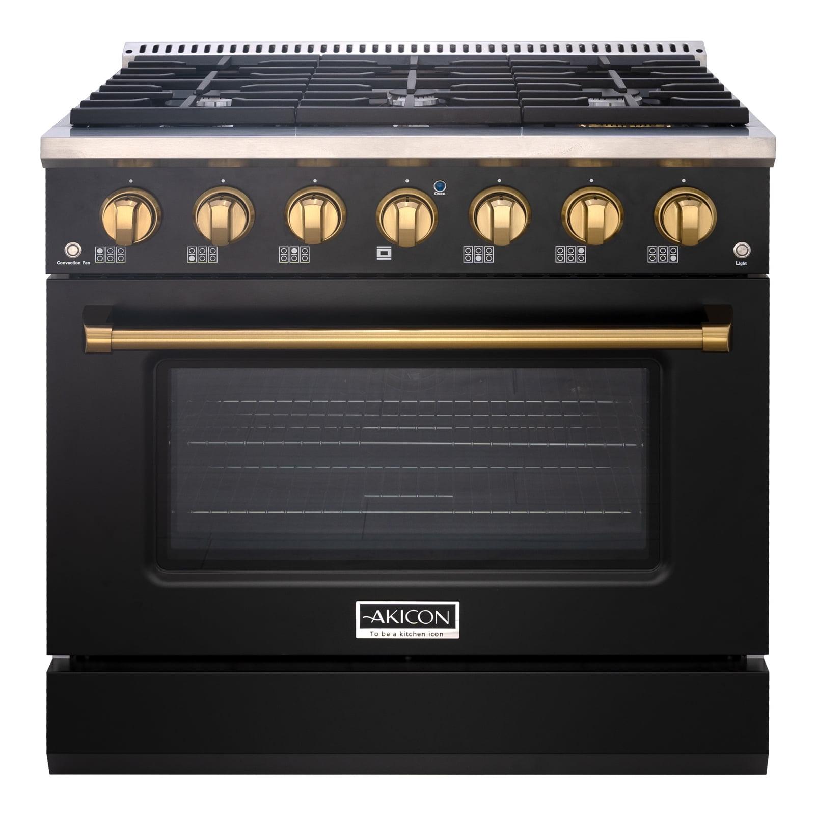 Akicon 36" Matte Black and Gold Freestanding Gas Range with Convection Oven