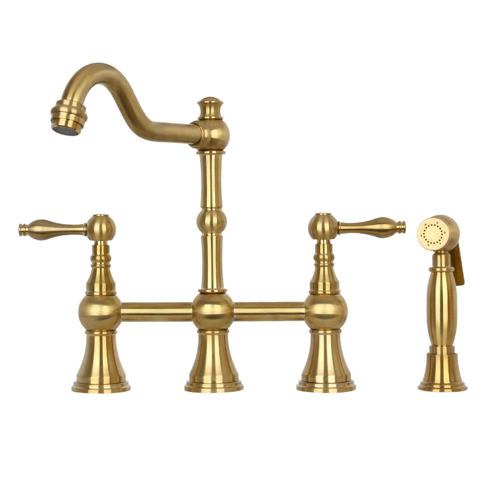 Brushed Gold Two-Handles Bridge Kitchen Faucet with Side Sprayer