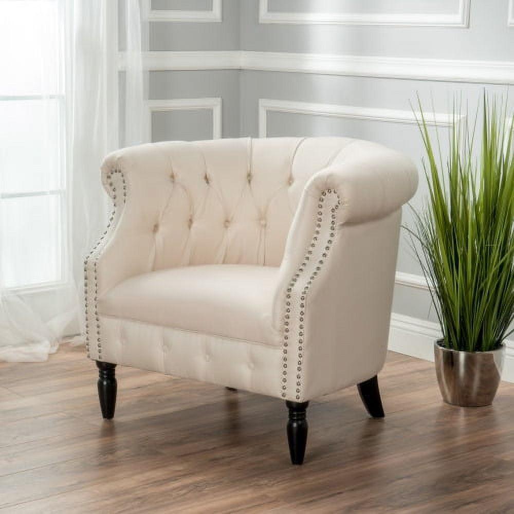 Beige Tufted Polyester Arm Chair with Wood Frame