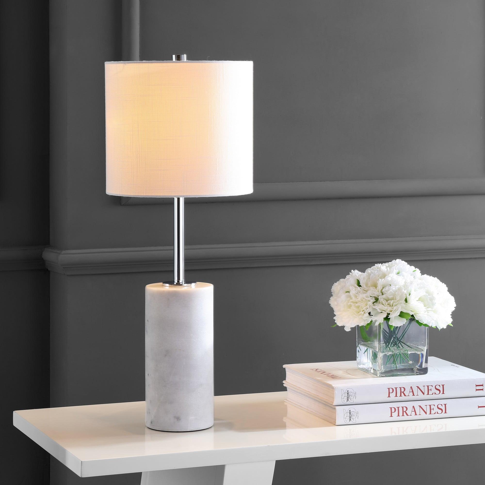 White Marble and Chrome Cylinder Table Lamp with Drum Shade