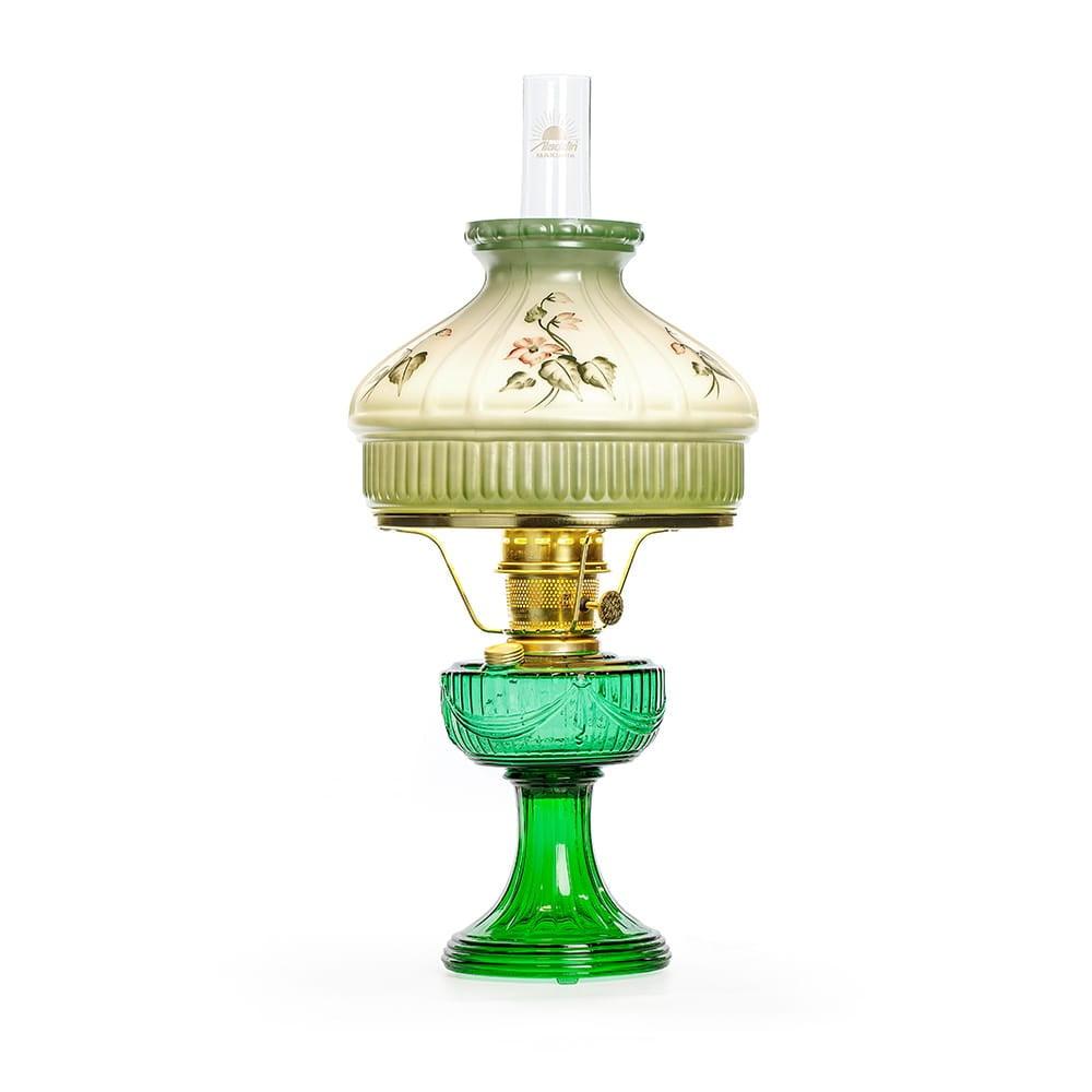 Emerald Green Glass Oil Lamp with Brass Trim and Floral Shade