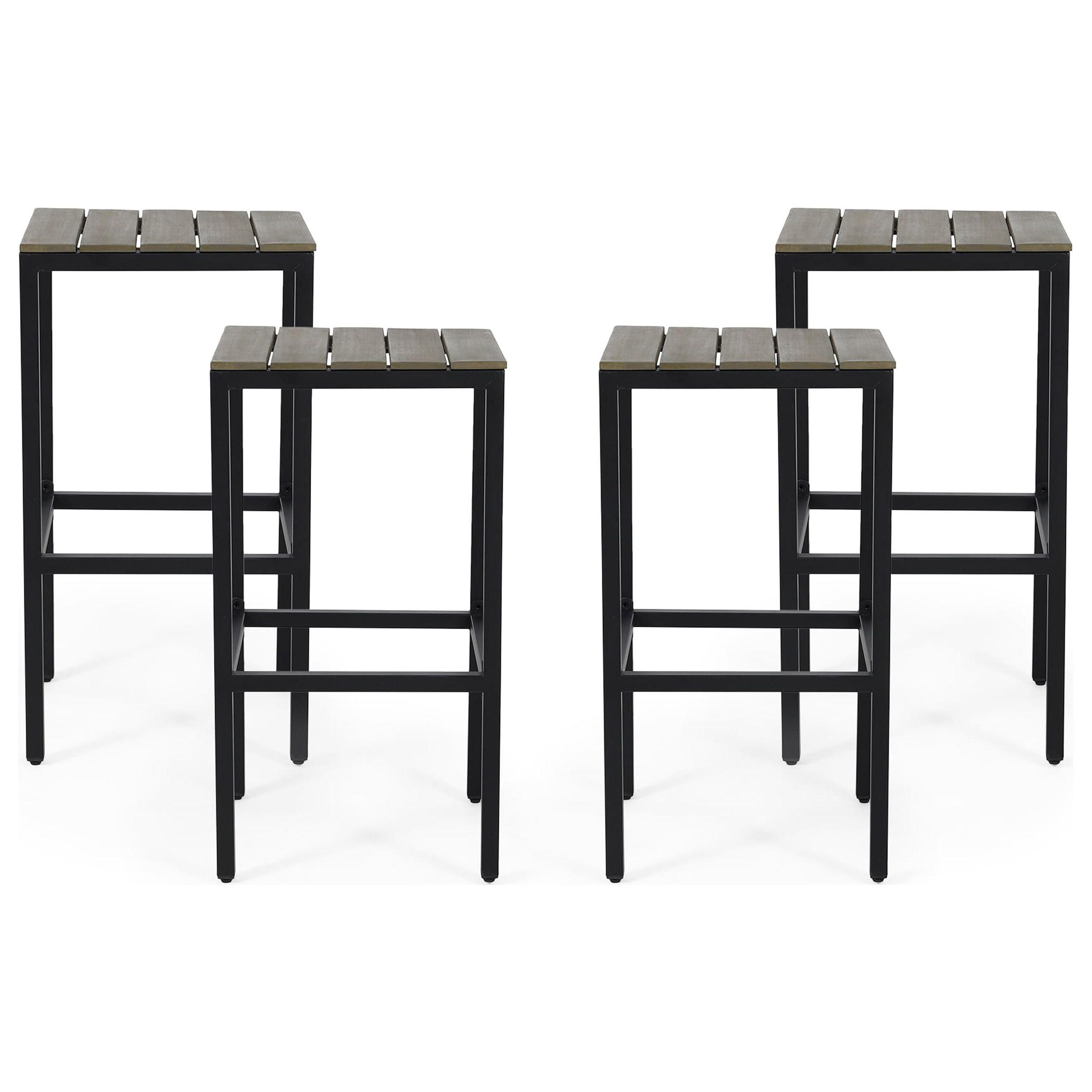 Sleek Acacia Wood & Iron Outdoor Bar Stools, Set of 4, Gray & Black