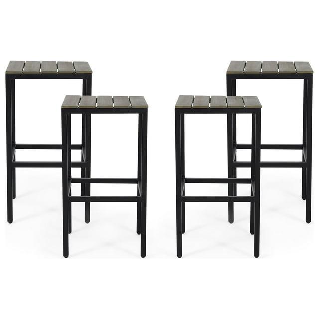 Alan Outdoor Modern Industrial Acacia Wood Bar Stools, Set of 4, Gray, Black
