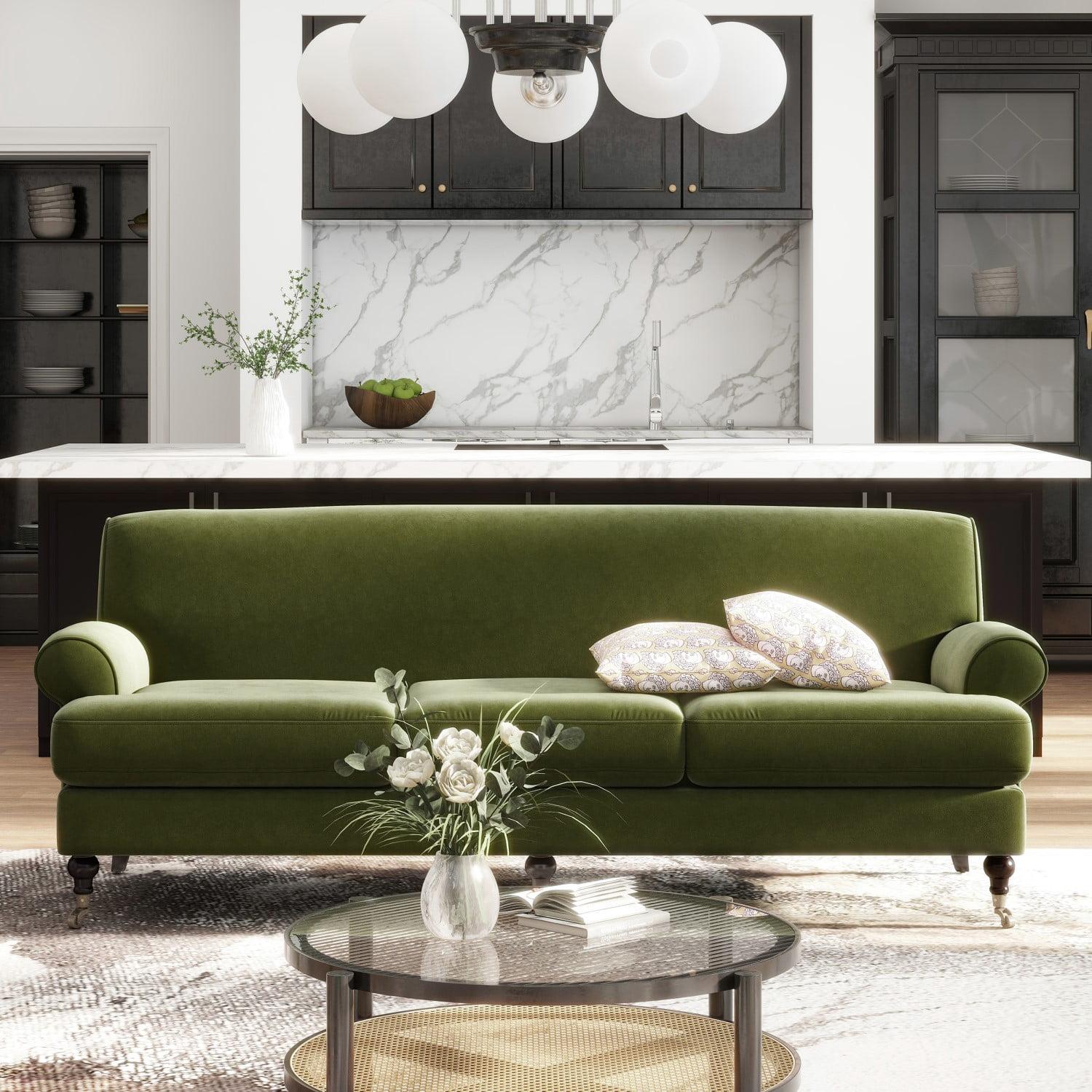 Alana 88" Olive Green Velvet Lawson Sofa with Removable Cushions