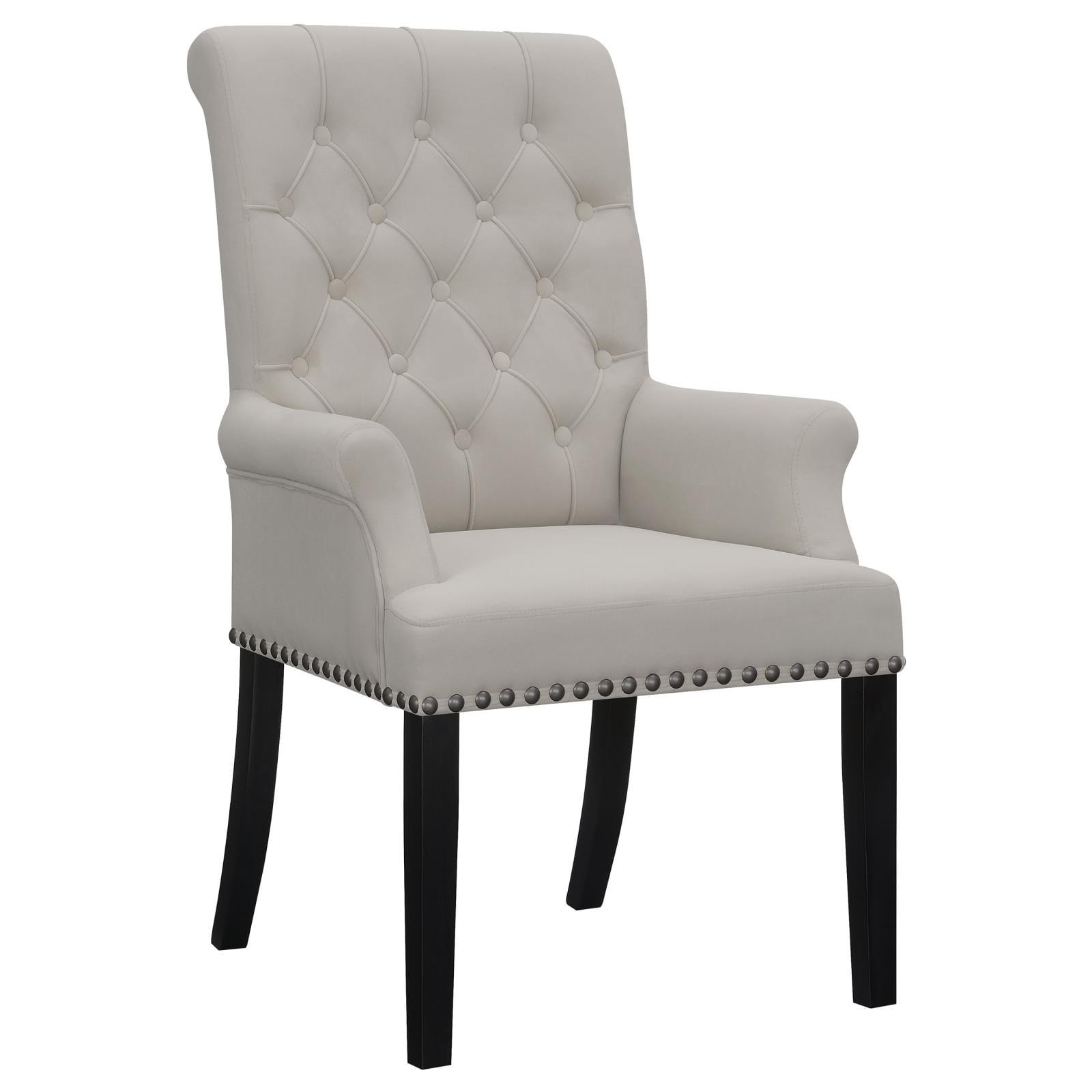 Beige Velvet Upholstered Traditional Arm Chair with Nailhead Trim