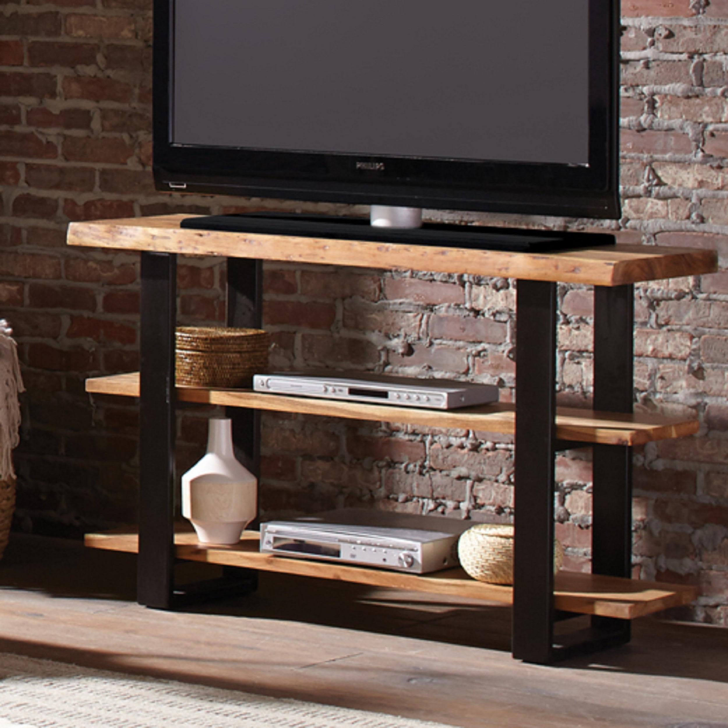 Alpine Natural Acacia Wood Media Console with Metal Legs