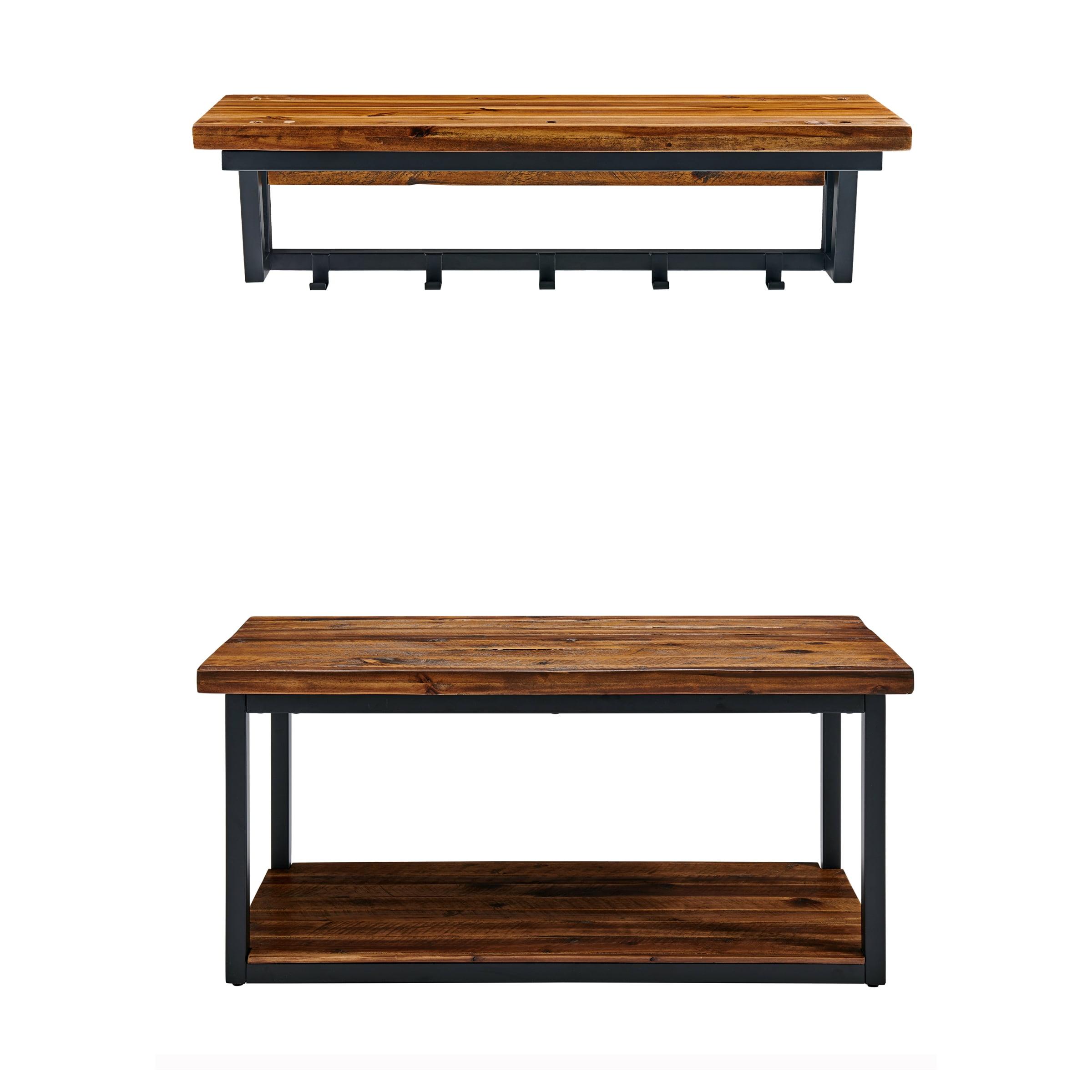 Claremont Rustic Wood Coat Hook and Bench Set Dark Brown - Alaterre Furniture: Mudroom Organizer with Shelf