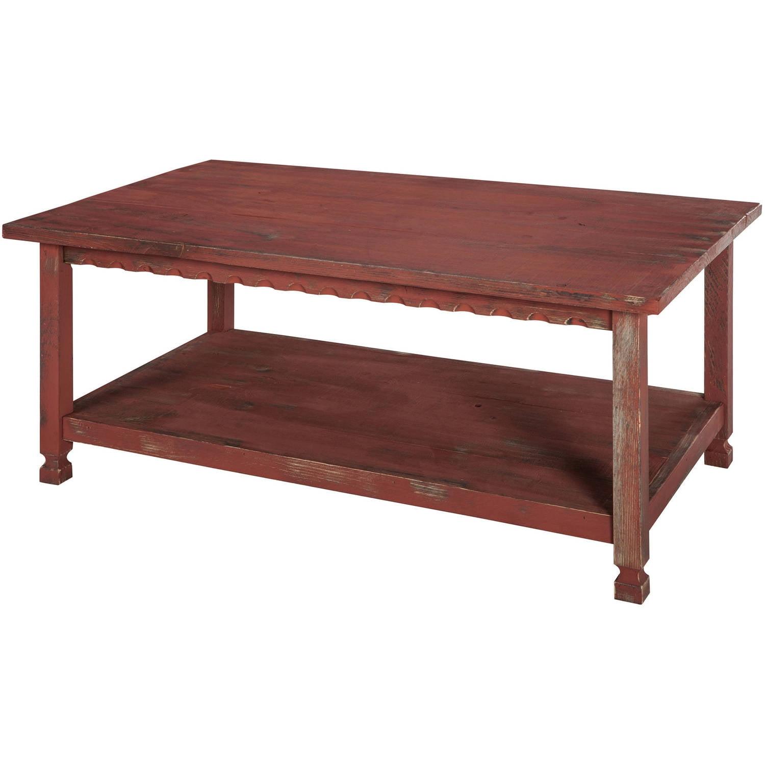 Country Cottage 46'' Red Wood Coffee Table with Storage Shelf