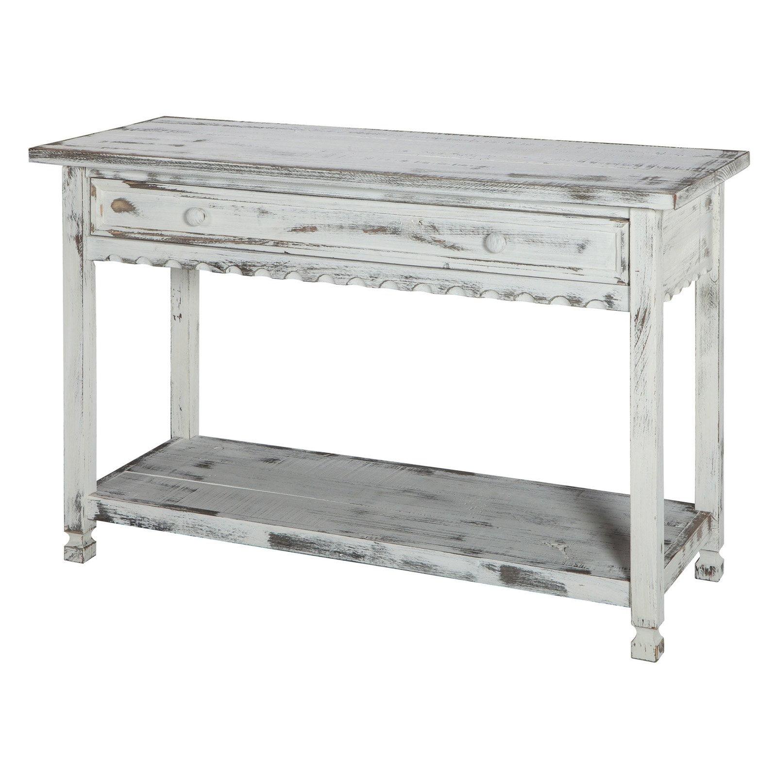 Antique White Cottage-Inspired Media Console with Storage Shelf