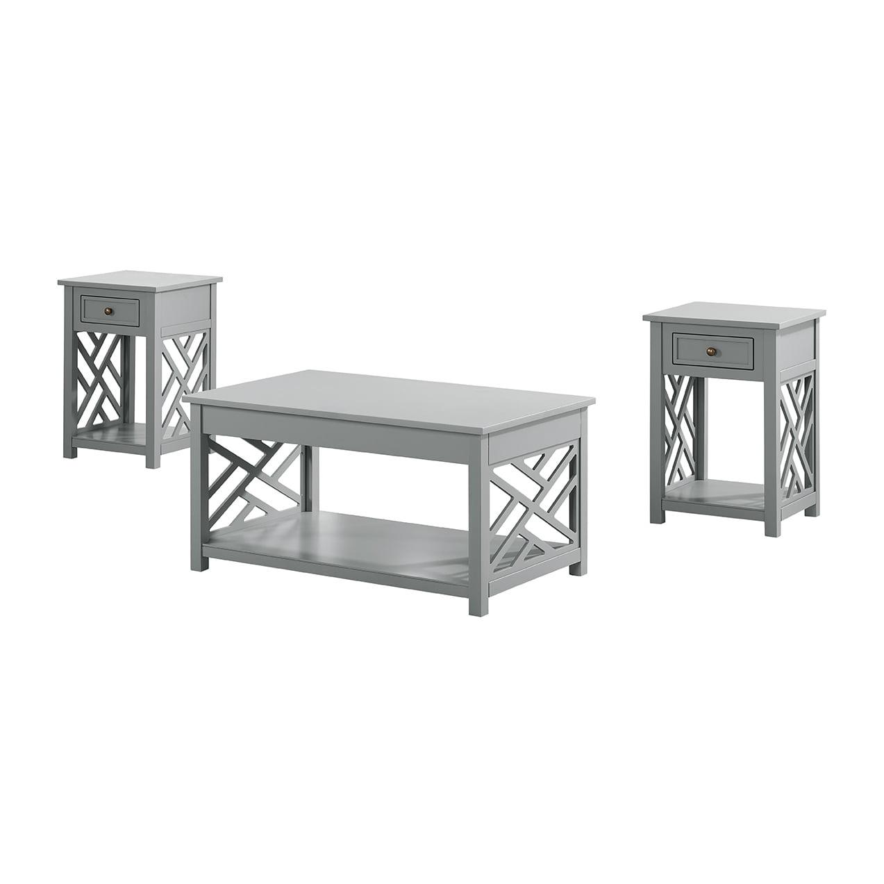 Coventry Gray Pine Wood 3-Piece Coffee and End Table Set with Drawers