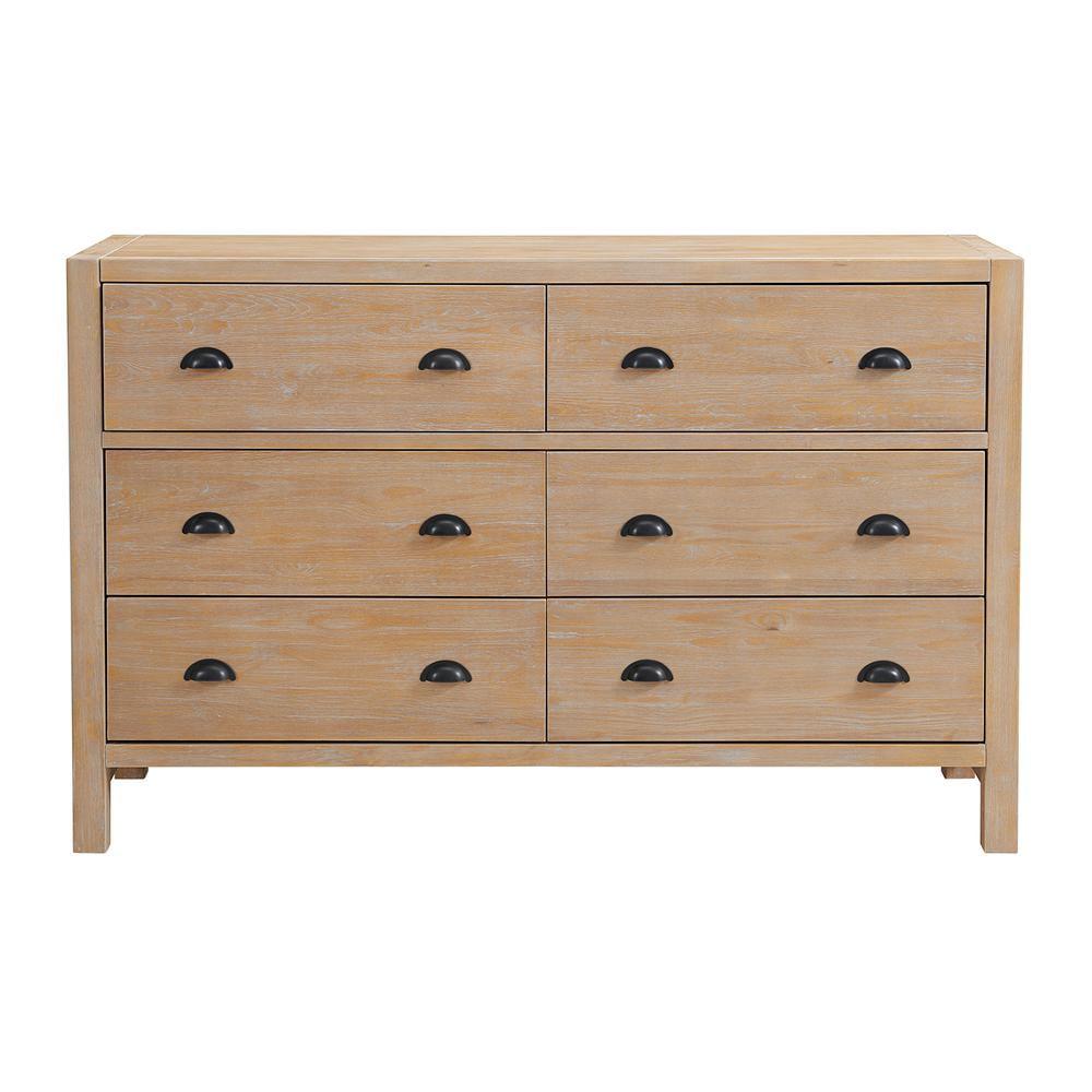 Farmhouse Light Brown Pine Wood Double Dresser with Deep Drawers