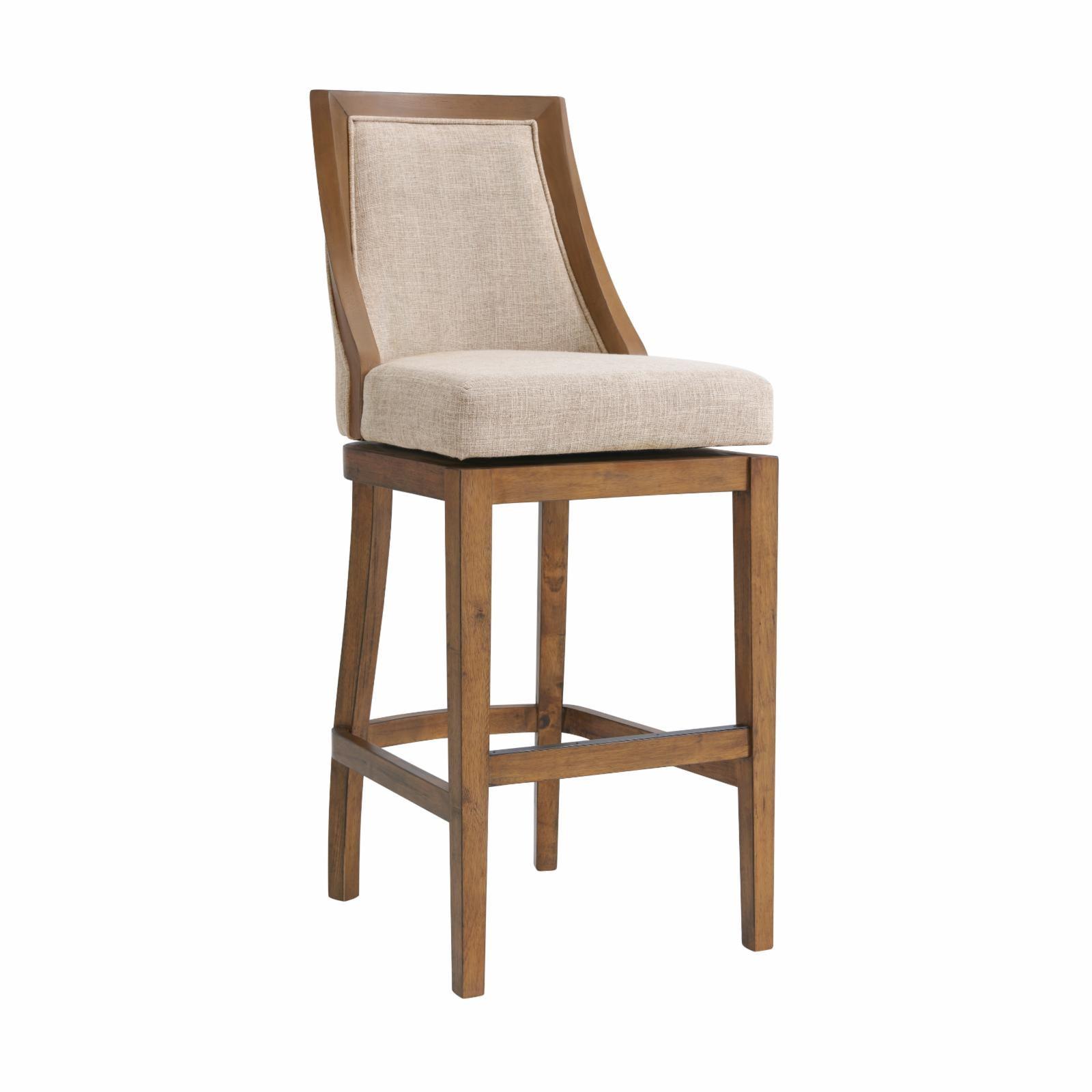Alaterre Ellie Bar Height Stool, Back, Swivel Seat, Brown, Upholstered Padded Seat, Rubberwood Frame, Steel Memory Return Mechanism, Dimensions 19 in. W x 22 in. D x 46 in. H, Footrest, Metal Kick Plate