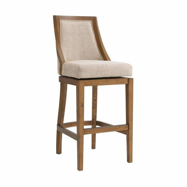 Alaterre Ellie Bar Height Stool, Back, Swivel Seat, Brown, Upholstered Padded Seat, Rubberwood Frame, Steel Memory Return Mechanism, Dimensions 19 in. W x 22 in. D x 46 in. H, Footrest, Metal Kick Plate