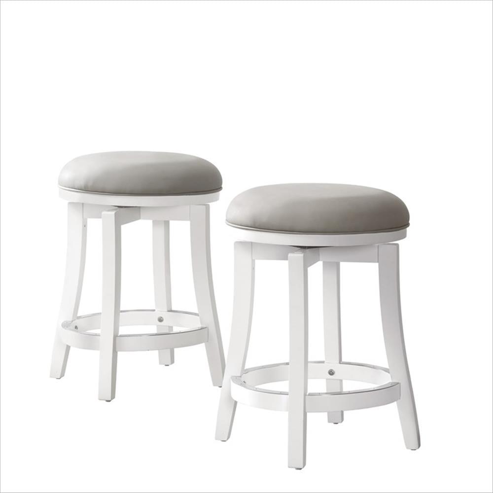 White Swivel Backless Wood and Leather Counter Stools, Set of 2