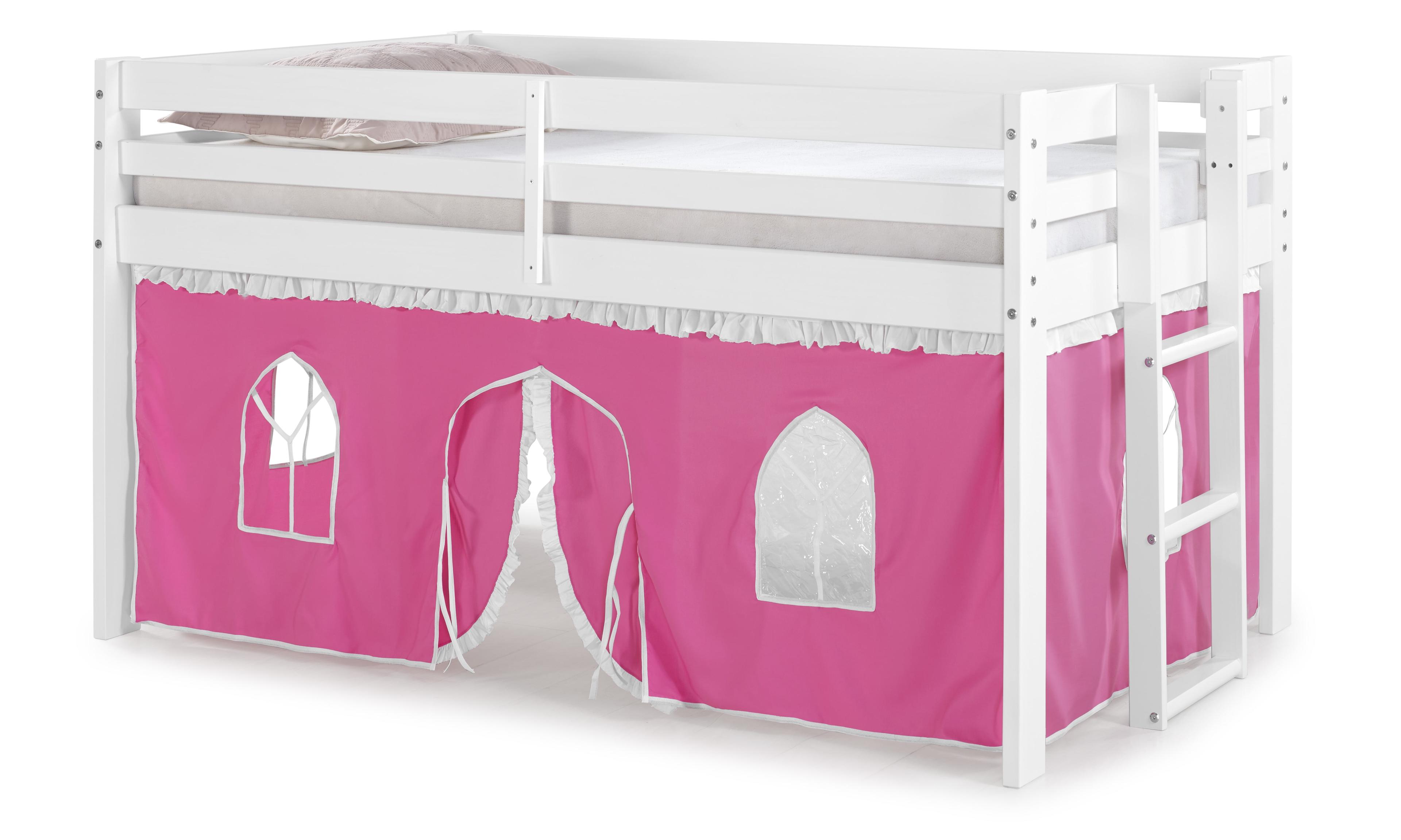 White Twin Pine Loft Bed with Pink Playhouse Tent