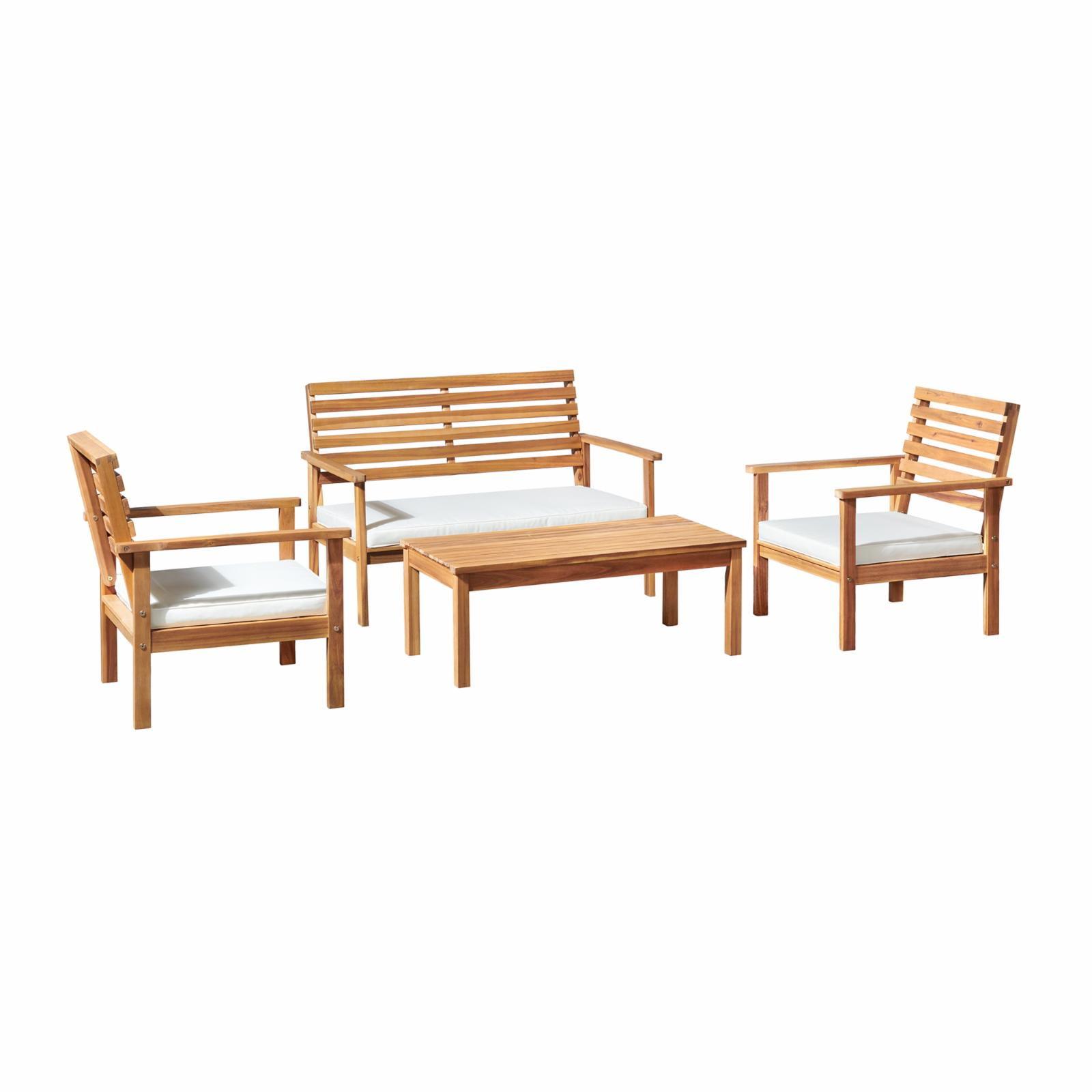 Outdoor Acacia Wood Conversation Set With Bench And Two Chairs With Cushions And Cocktail Table, Set Of 4