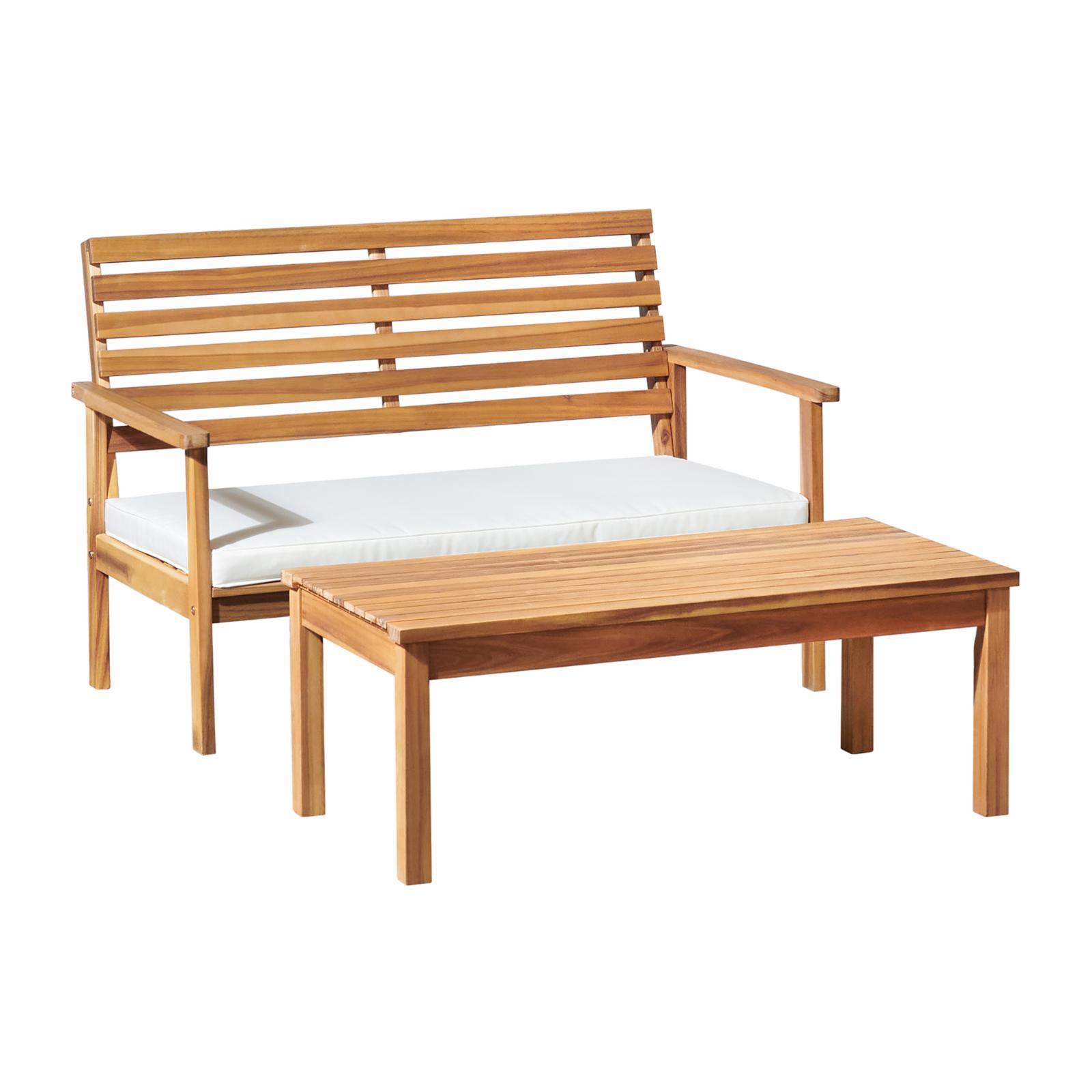 Coastal Charm Acacia Wood Outdoor Bench and Table Set with Cushions