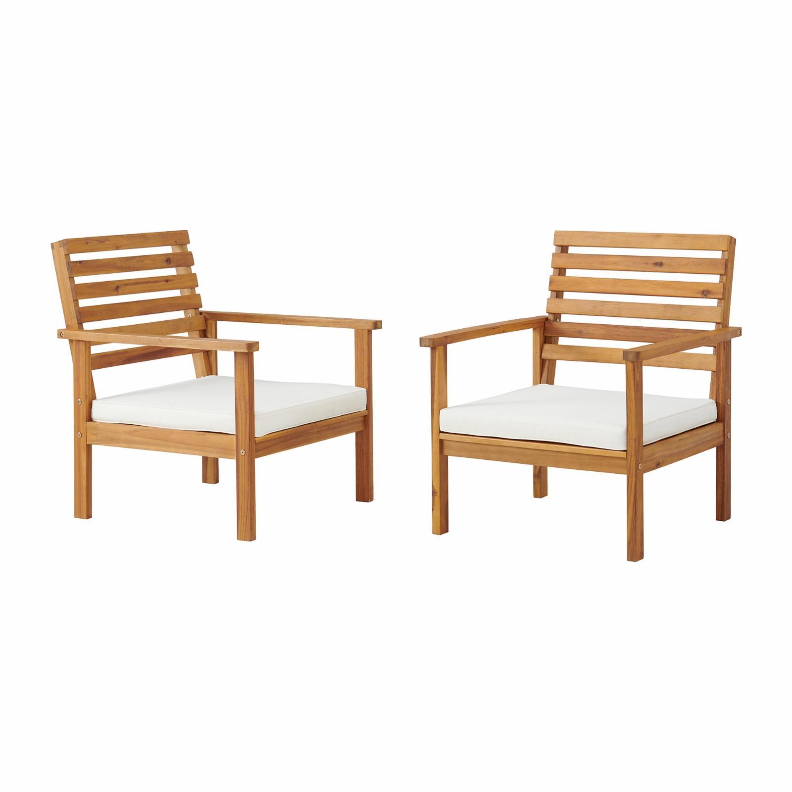 Natural Acacia Wood Outdoor Chairs with White Cushions, Set of 2