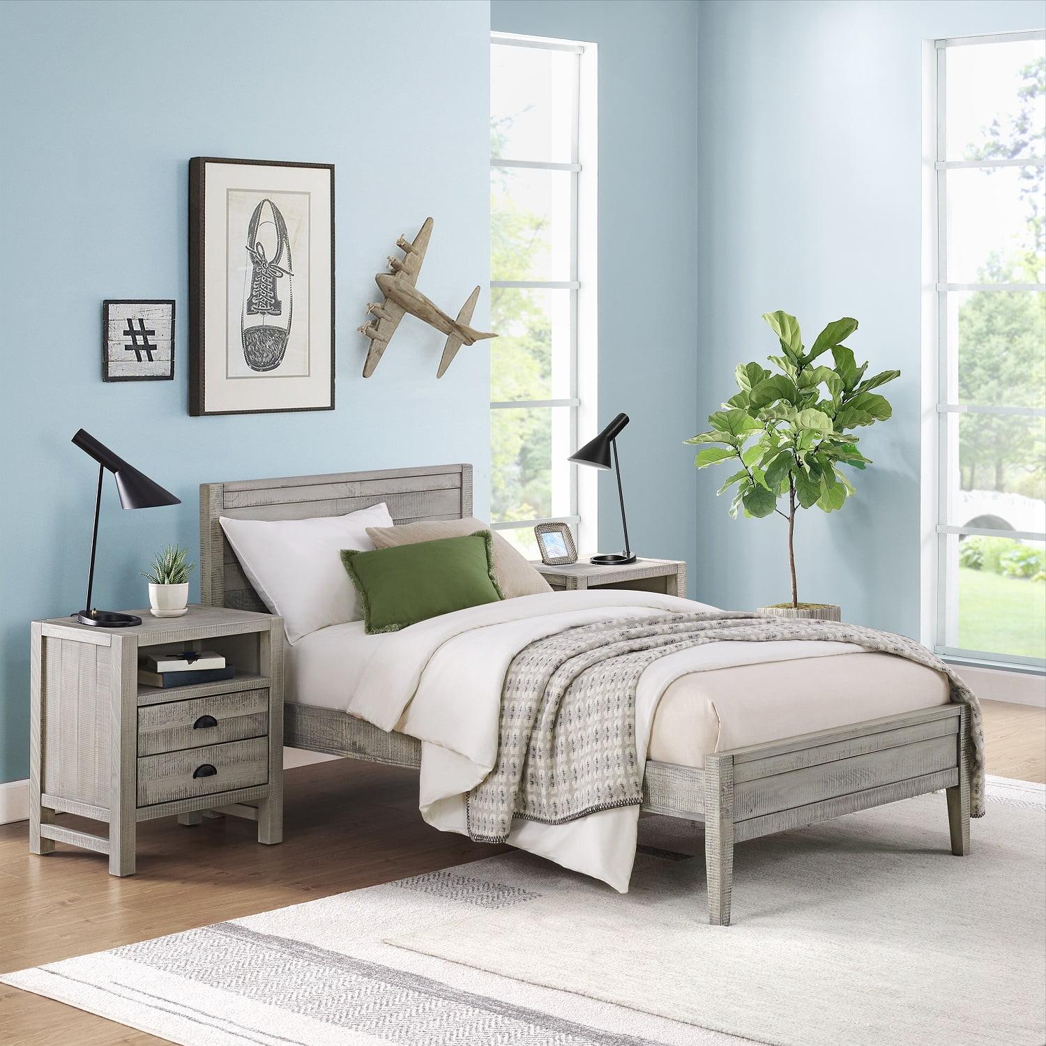 Gray Pine Wood Twin Bed with 2 Nightstands Set