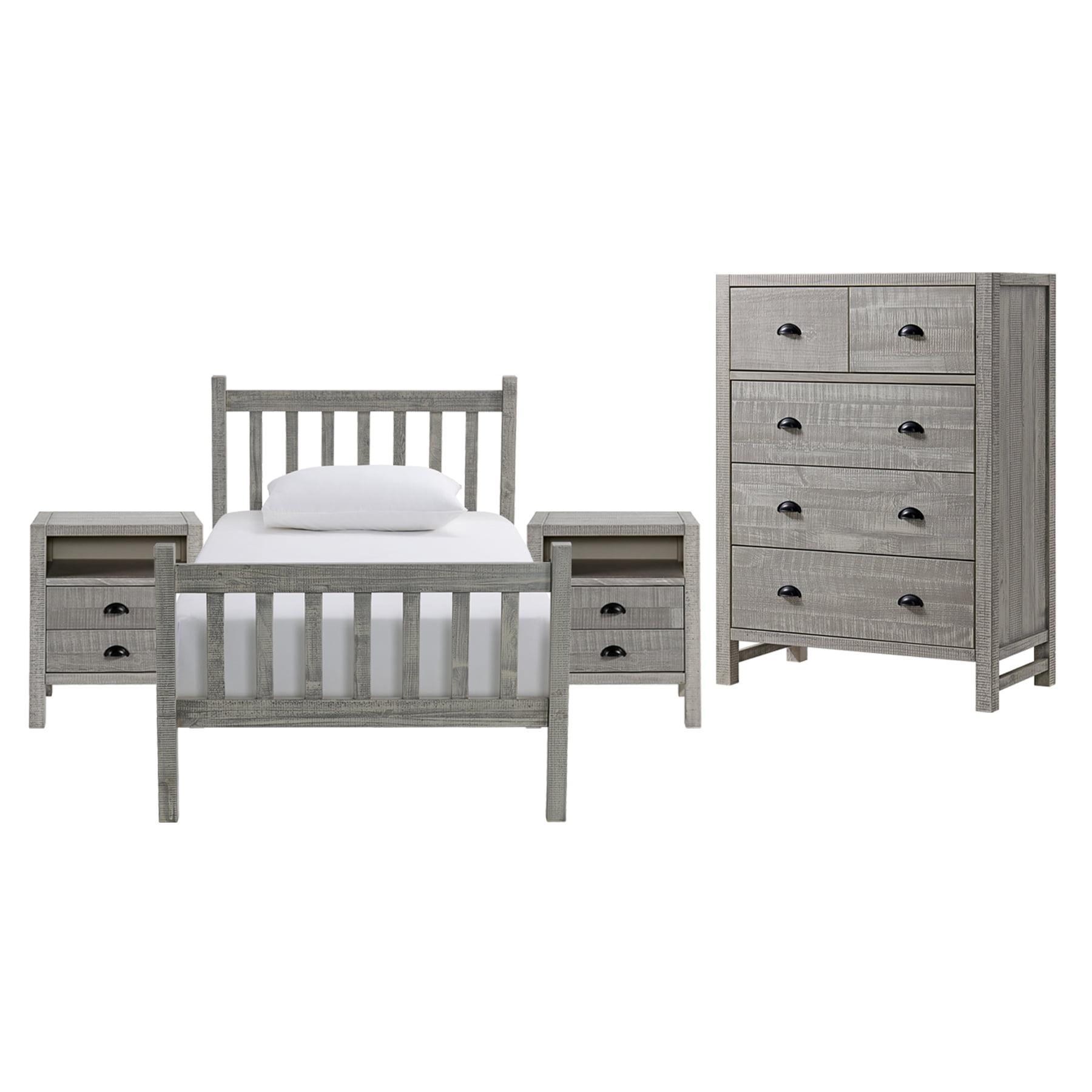 Windsor Driftwood Gray Pine Wood Twin Bedroom Set with Nightstands and Chest