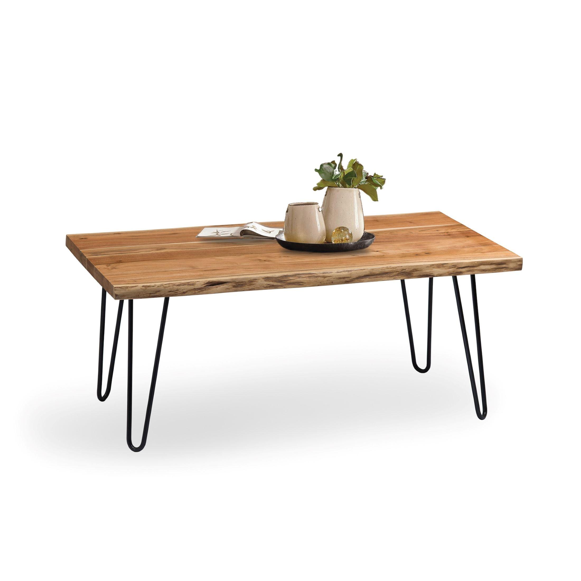 Alaterre Furniture 48" Hairpin Natural Brown Live Edge Large Coffee Table: Acacia Wood, Nylon Floor Protectors