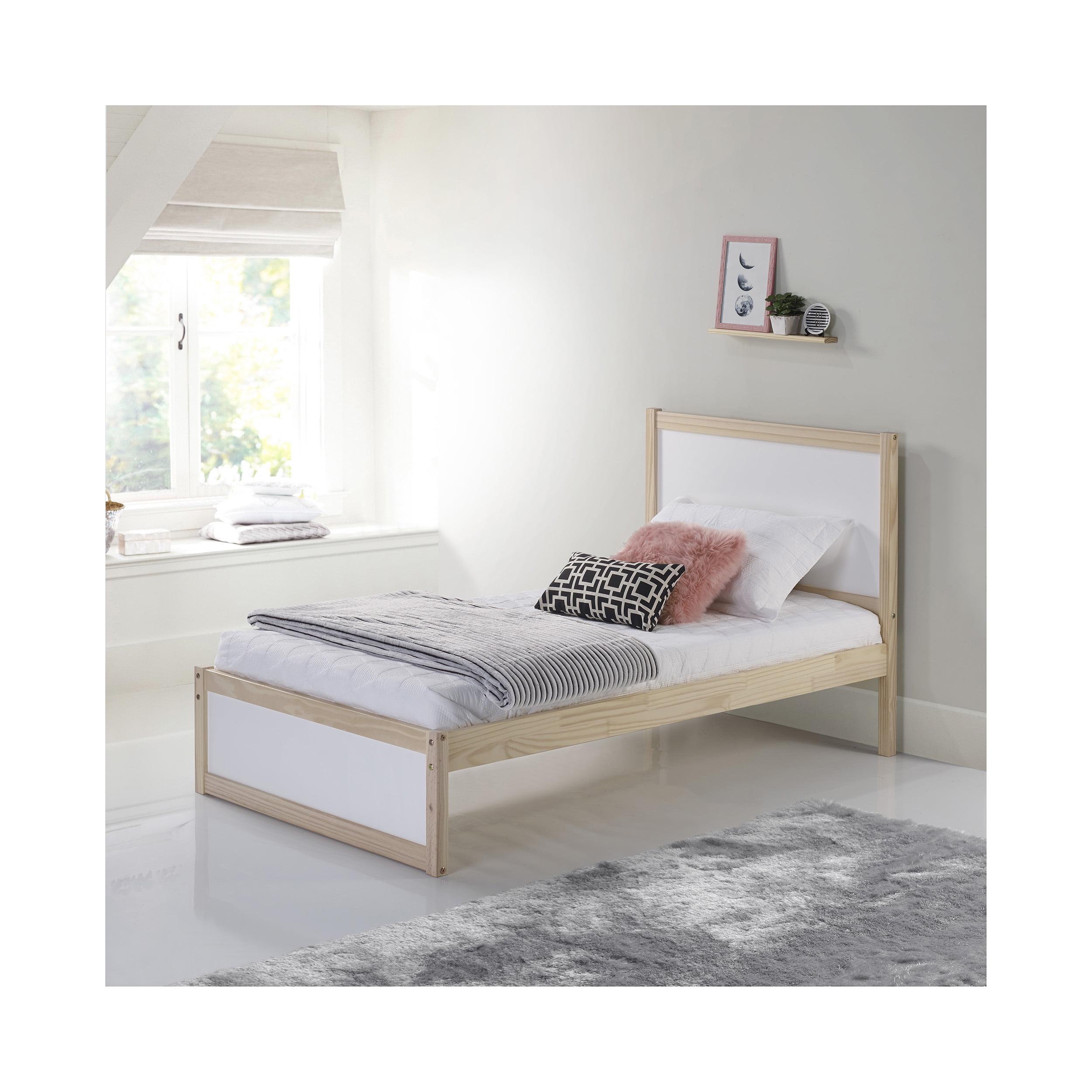Twin Pine Wood Frame Bed with Slats in White and Brown