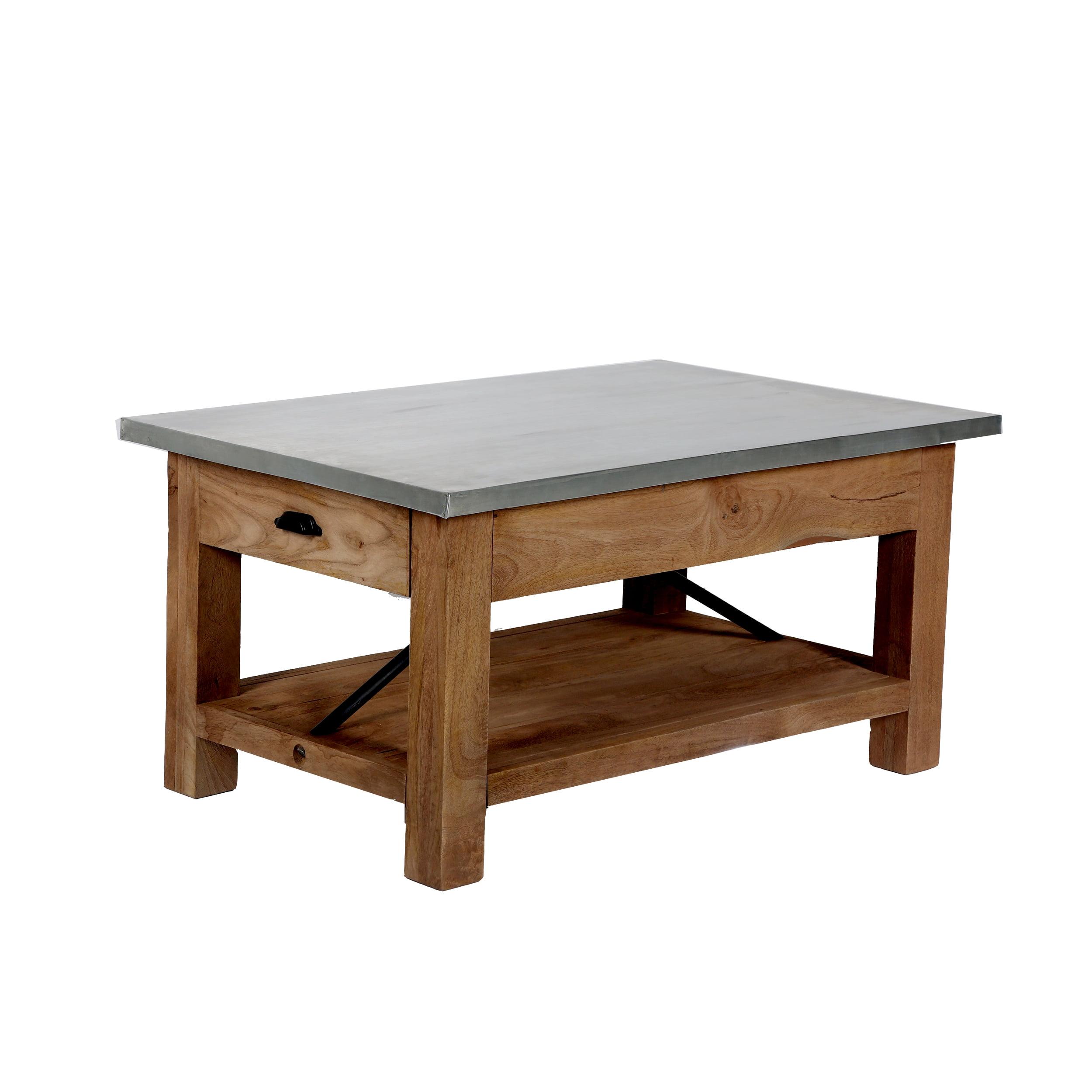 Industrial Gray Mango Wood and Steel Coffee Table with Shelf