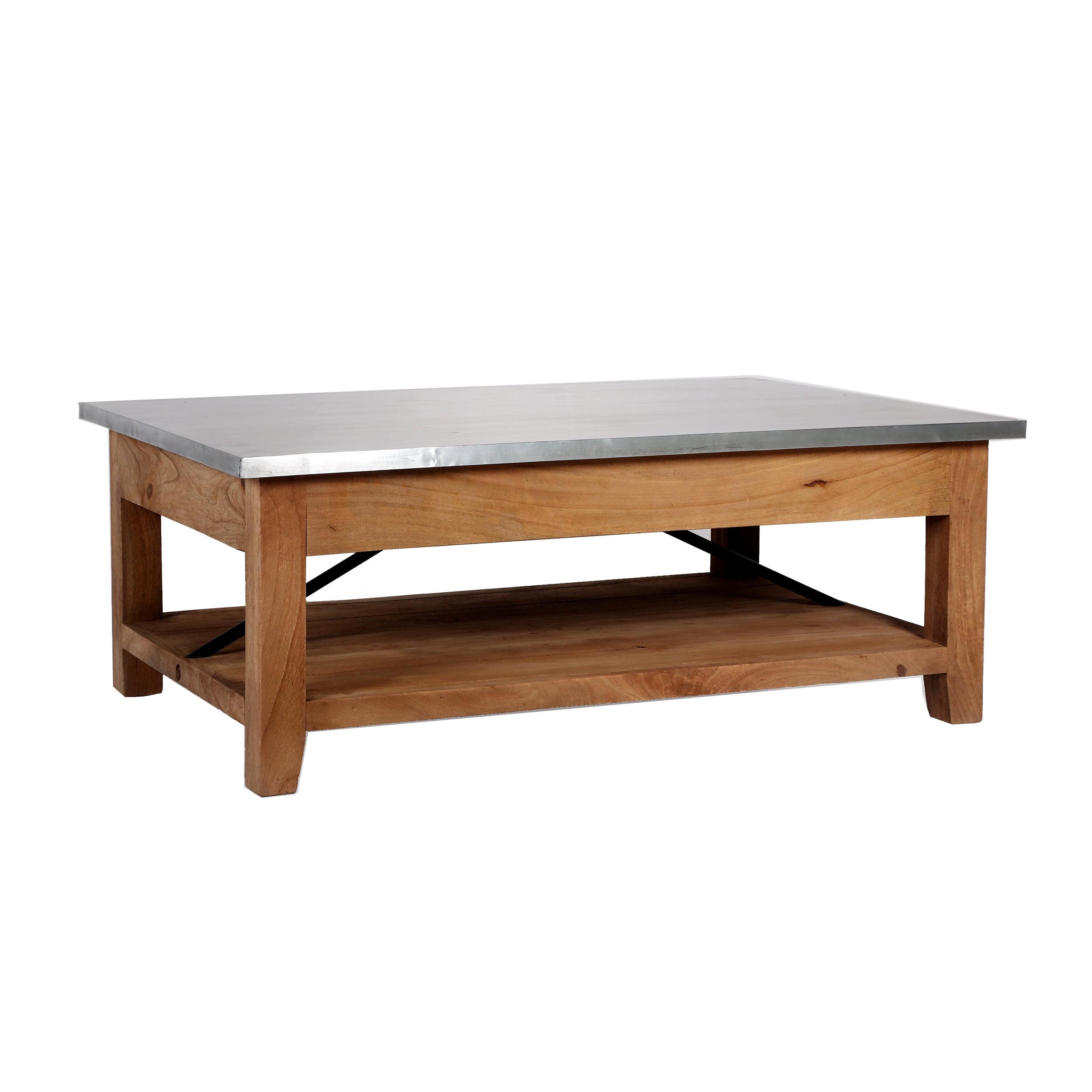 Industrial Rustic Wood and Zinc Metal Coffee Table with Shelf