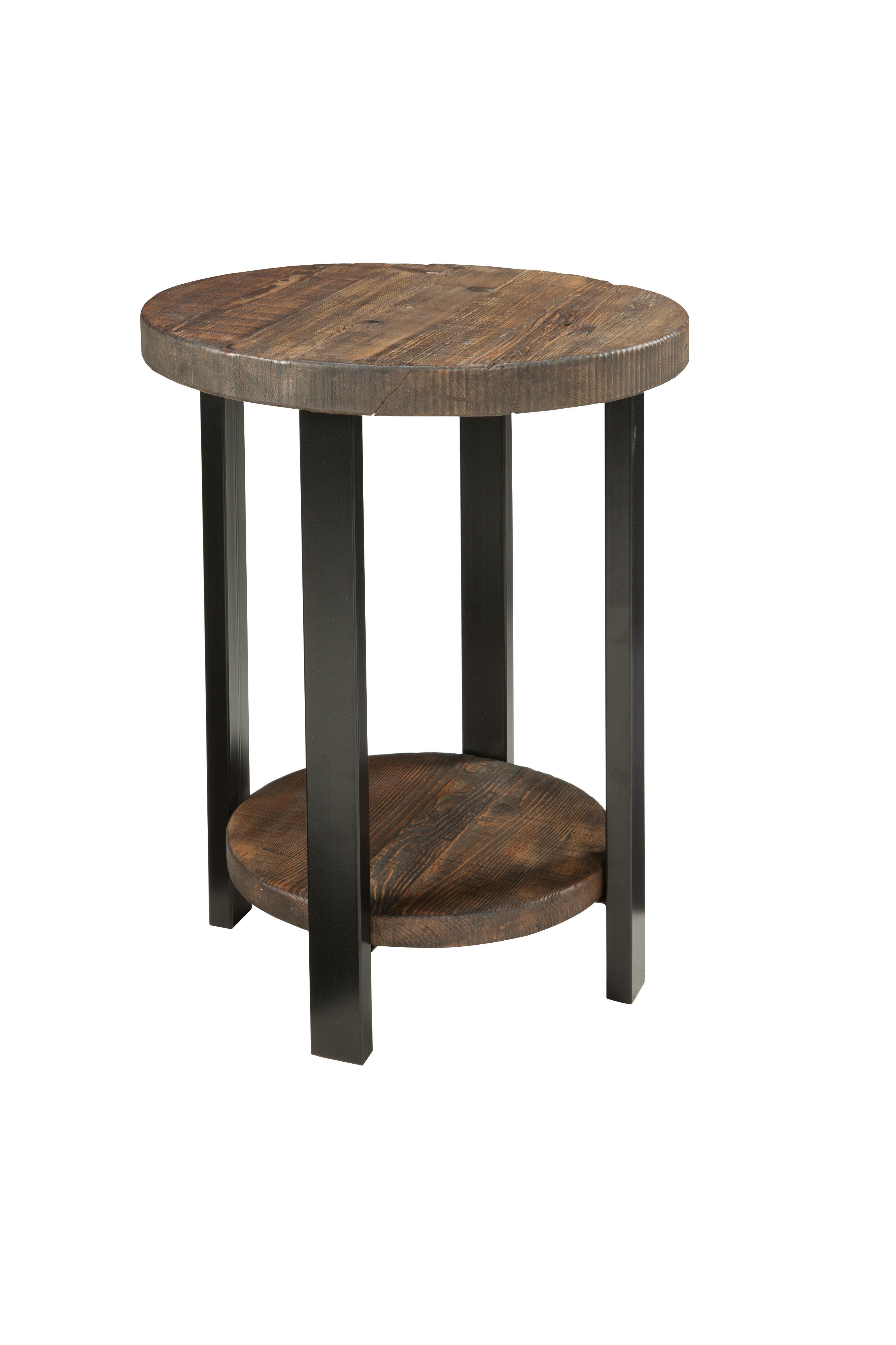 17 Stories Alaterre Pomona Round End Table With Solid Wood Top, Metal Legs, And Dual Shelves For Rustic Living Room Furniture