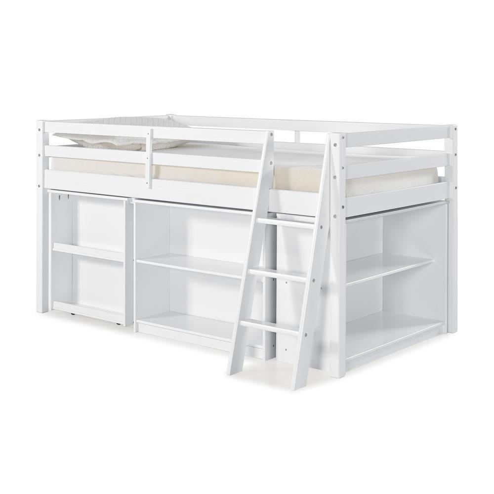 White Twin Wood Loft Bed with Storage and Desk