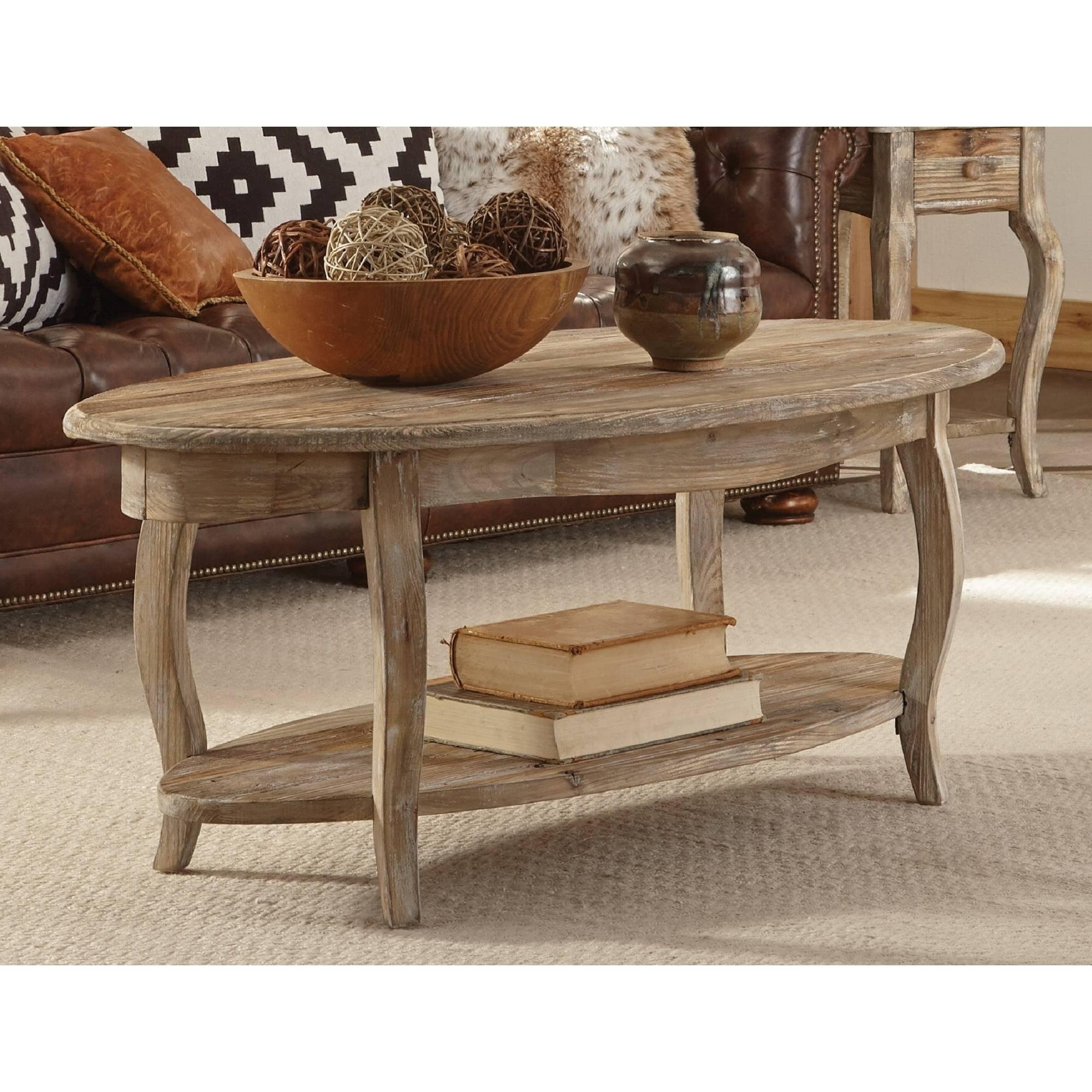 Rustic Reclaimed Wood Oval Coffee Table with Storage