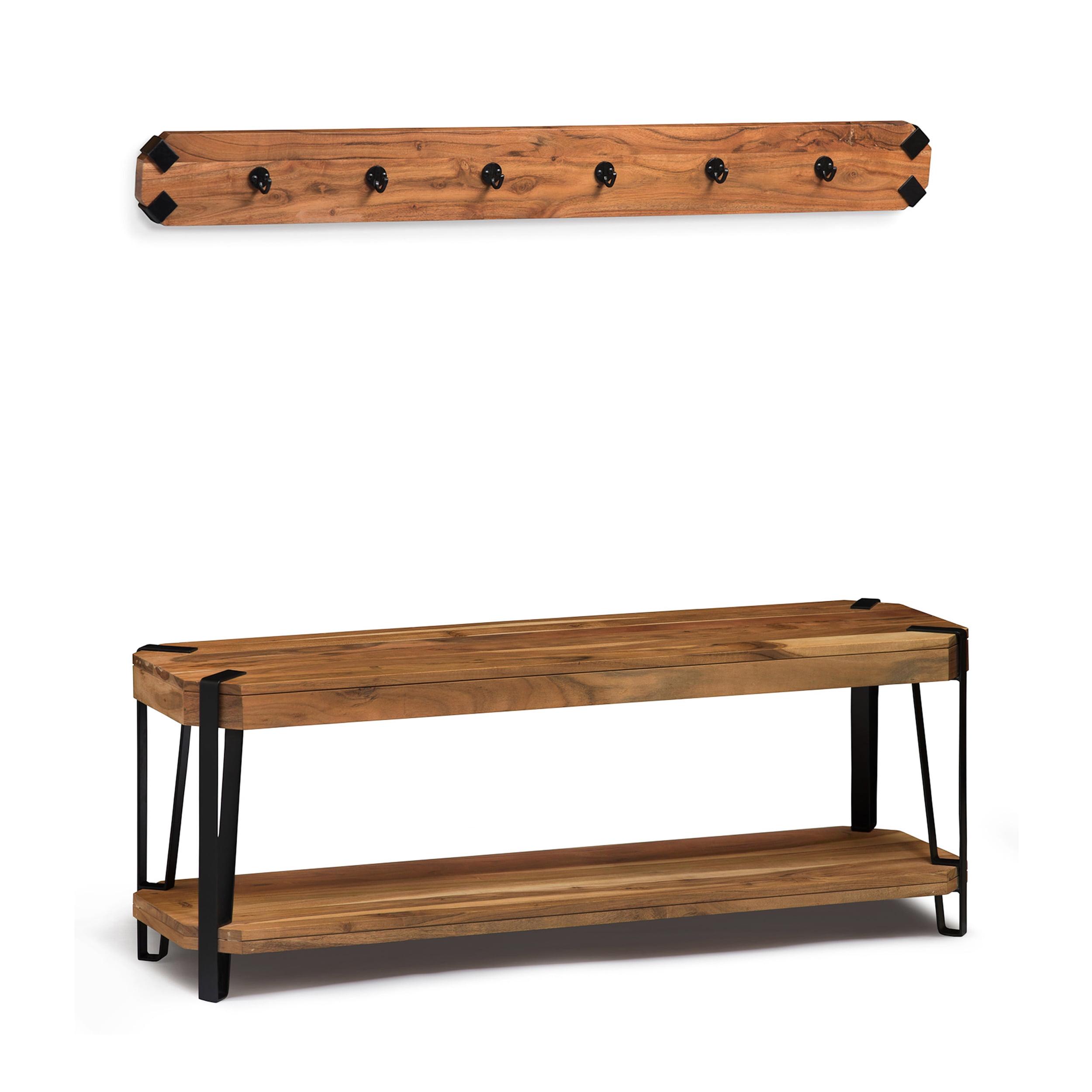 48" Ryegate Live Edge Wood Bench with Coat Hooks Set Natural - Alaterre Furniture: Metal Frame, Mid-Century Modern Style