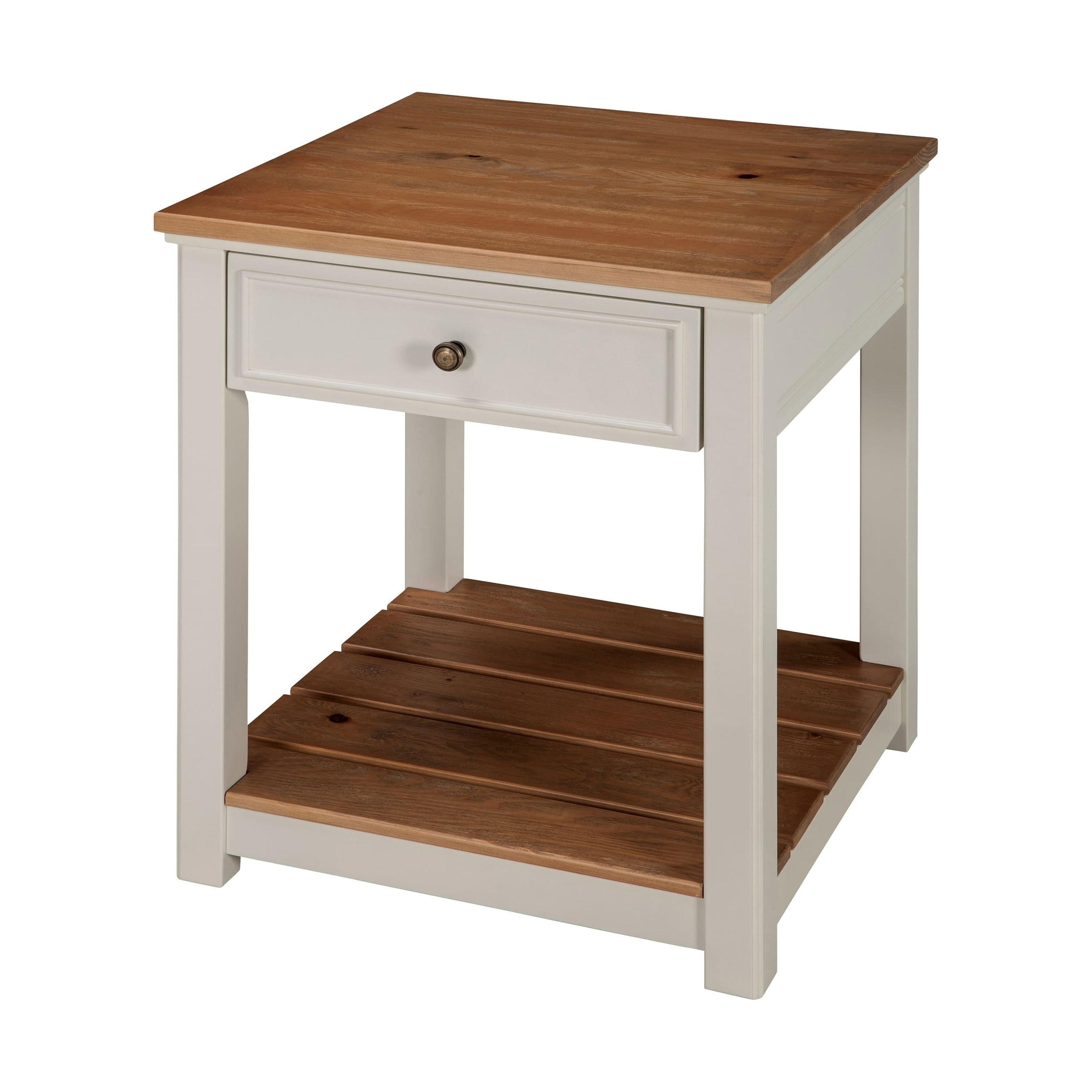 Savannah Coastal Ivory End Table with Natural Wood Top and Storage