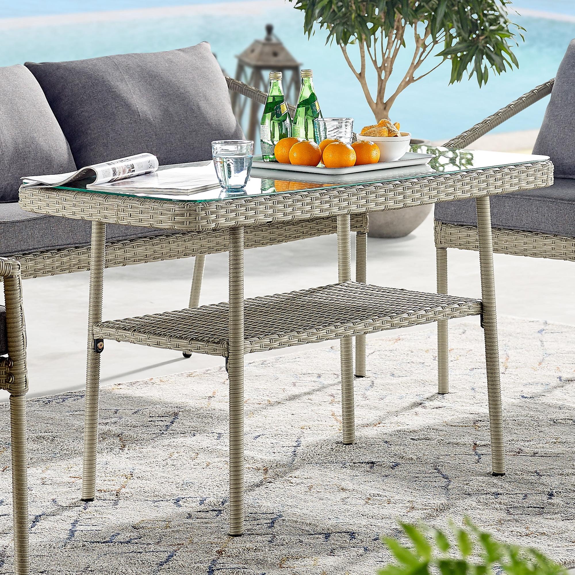 42" x 26" All-Weather Wicker Windham Outdoor Cocktail Table Gray - Alaterre Furniture: Tempered Glass Top, Lower Shelf