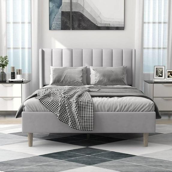 Alazyhome  Upholstered Platform Bed Frame No Light Grey Linen Full