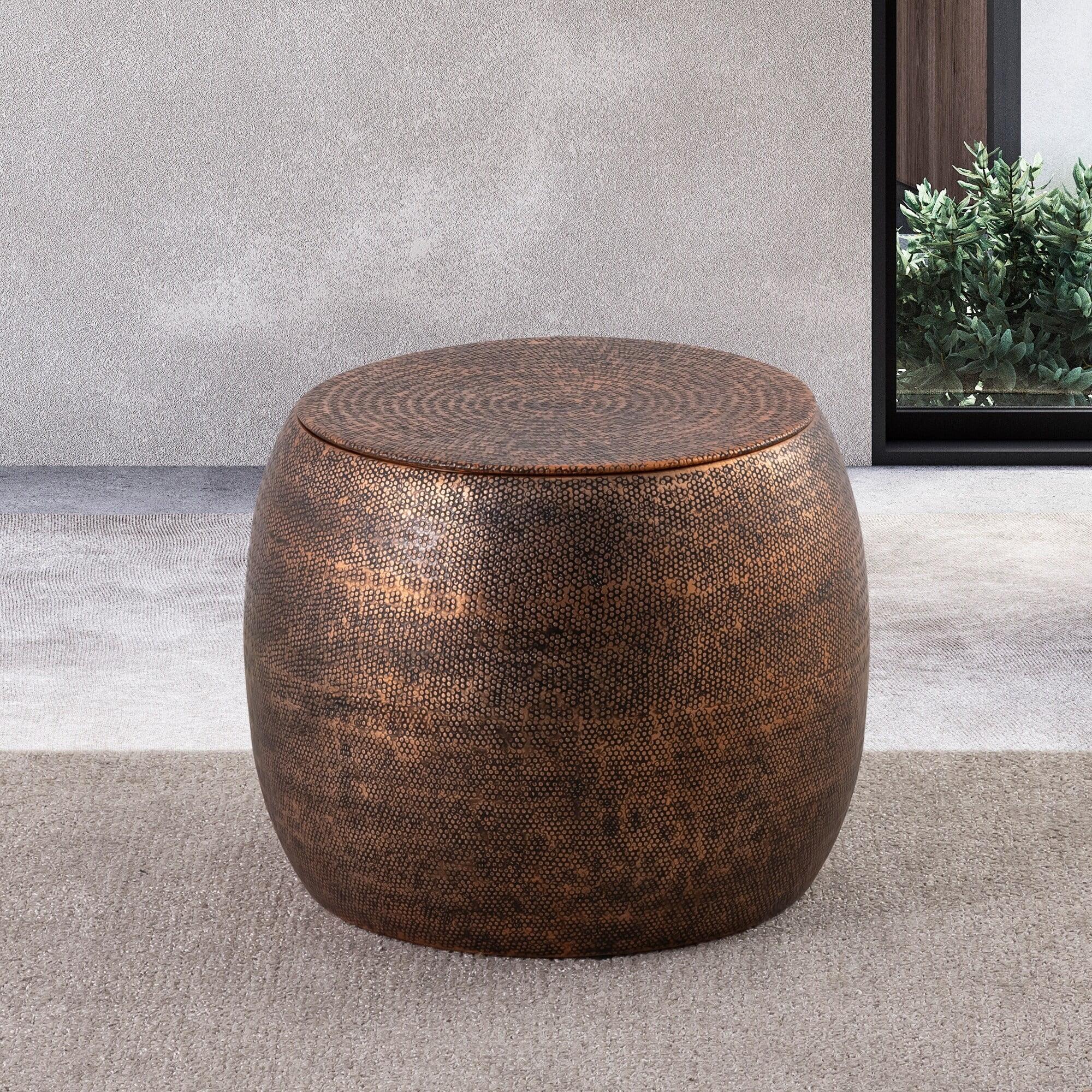 Copper Hammered Metal Round Drum Side Table with Storage