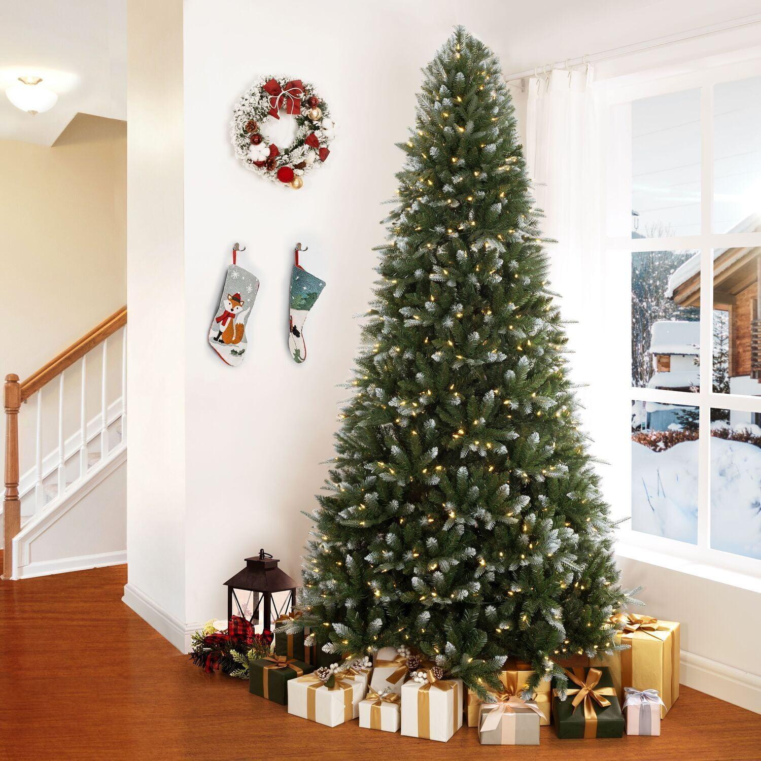 The Holiday Aisle® Traditional Pre-Lit Artificial Fir Christmas Tree, White Tip Warm Lighted Christmas Tree with Stand