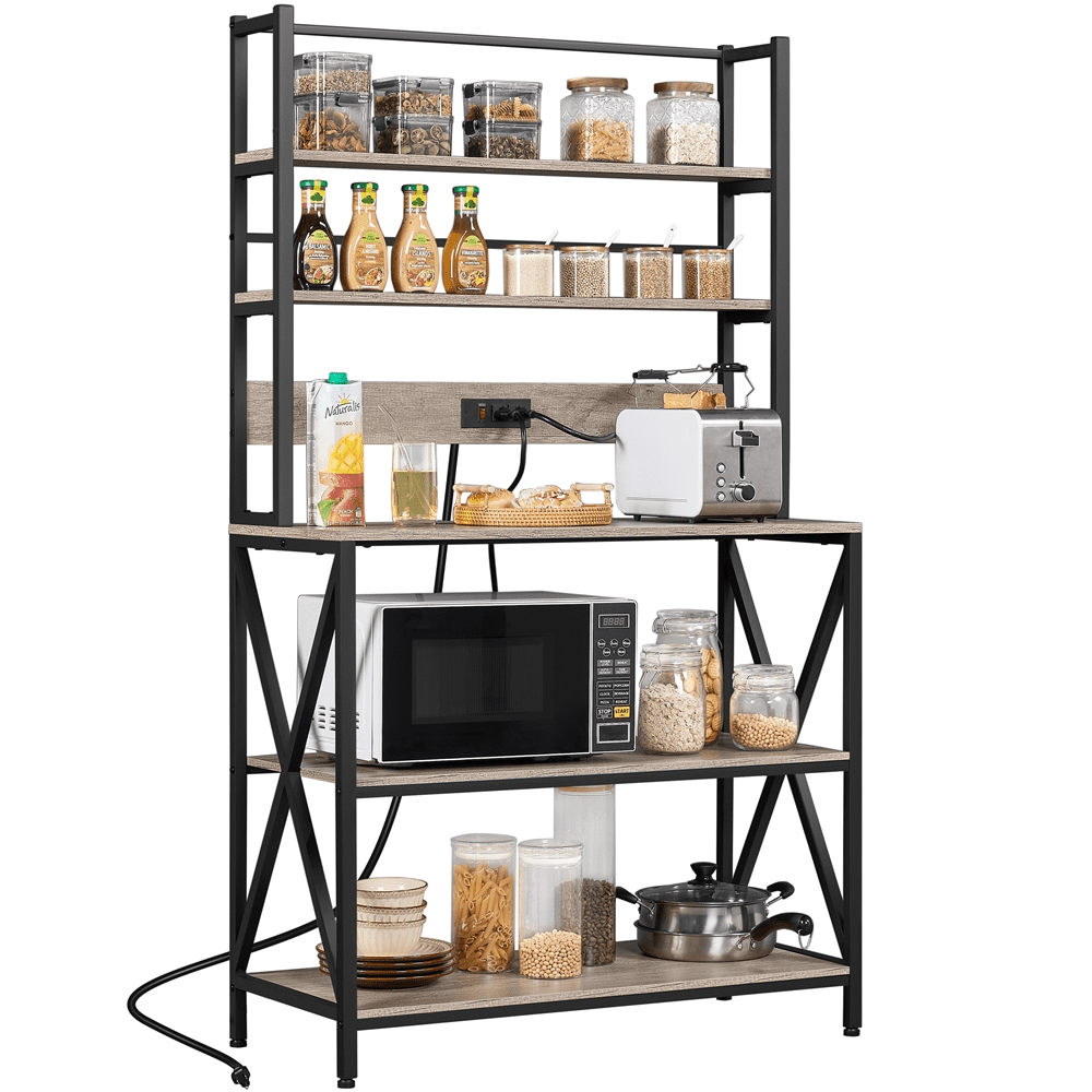 Killeryuki Bakers Rack with Power Outlet, Microwave Stand Utility Storage Shelf with Metal Frame, 5-Tier Kitchen Rack Coffee Bar with Adjustable Feet, 35.5 x 16 x 64.5, Gray
