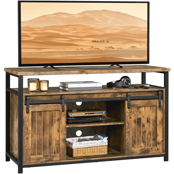 Alden Design Industrial Wooden Television Stand with Sliding Barn Doors for TVs up to 65in, Rustic Brown