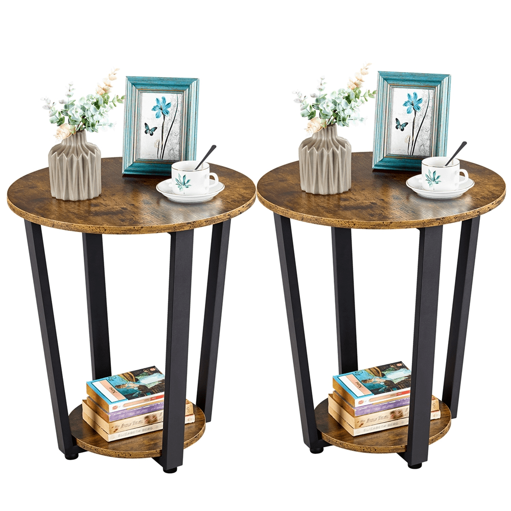 Rustic Brown Round MDF and Metal Side Tables, Set of 2