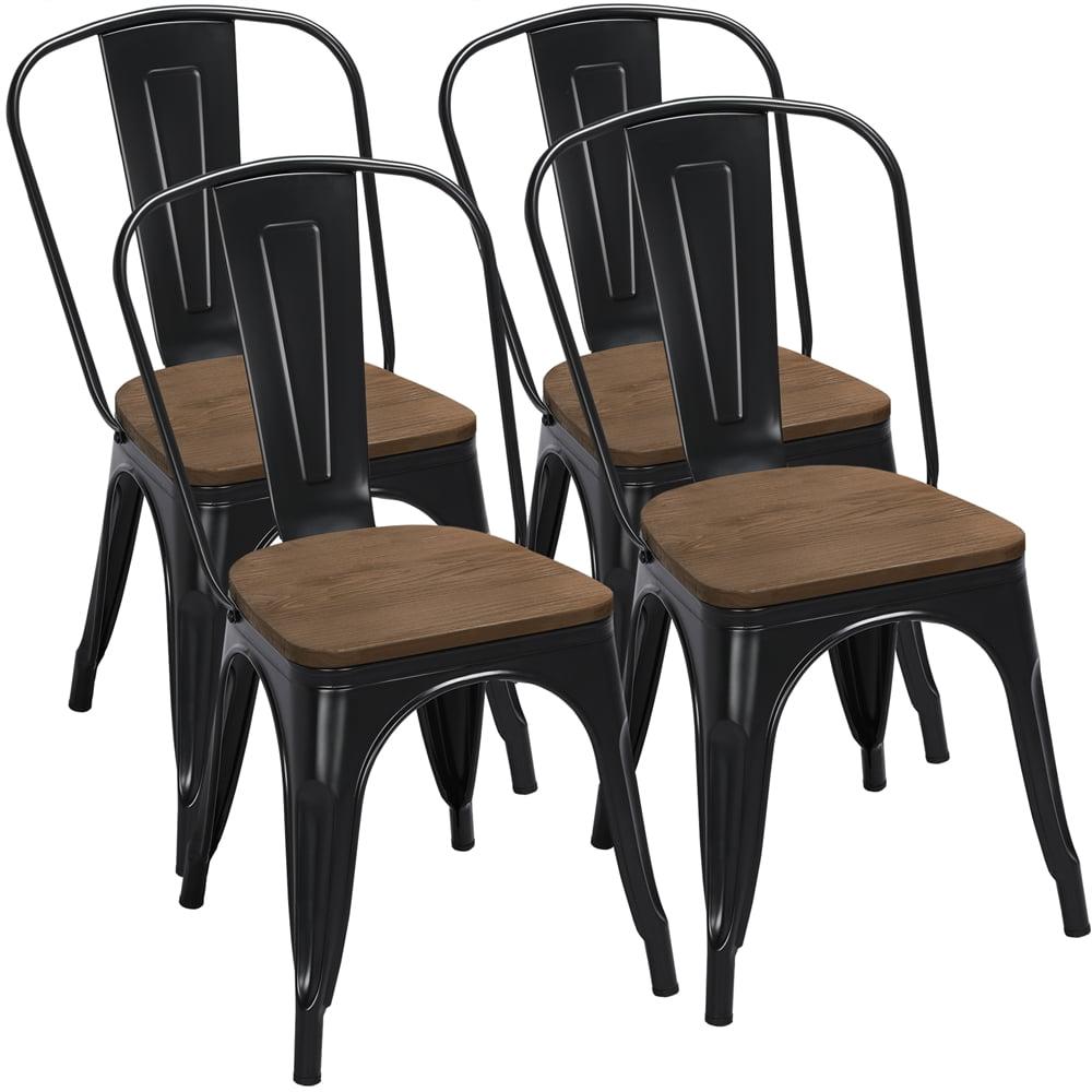 Black Metal Stackable Dining Side Chairs with Wooden Seat, Set of 4